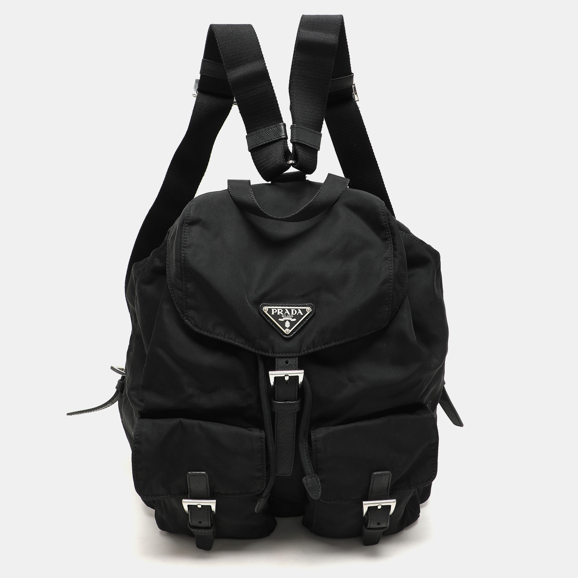 

Prada Black Leather and Nylon Double Pocket Backpack