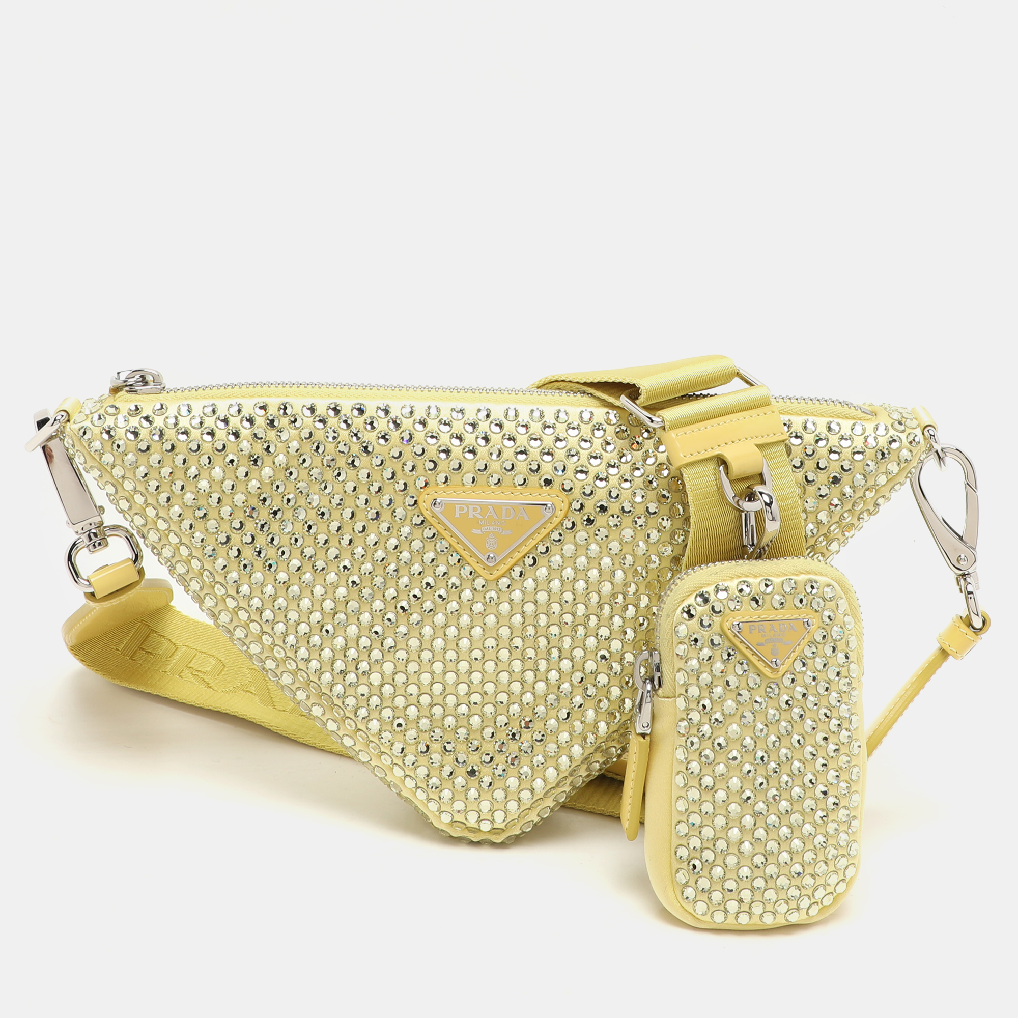

Prada Yellow Crystal Embellished Satin Triangle Logo Crossbody Bag