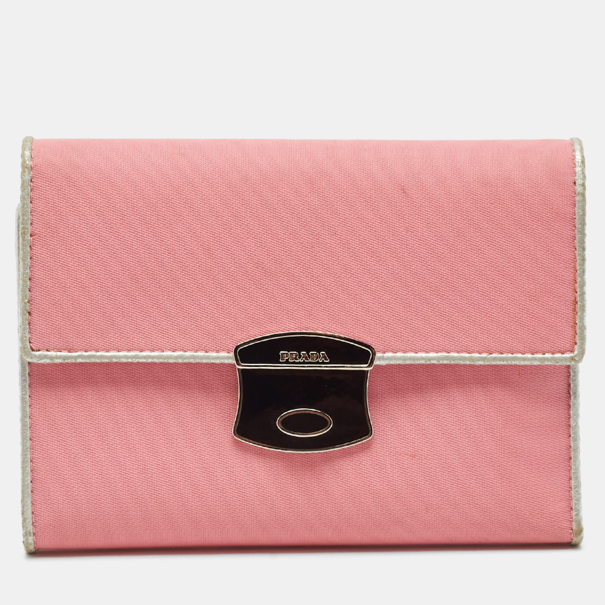 

Prada Pink/Silver Nylon and Leather Trifold Wallet