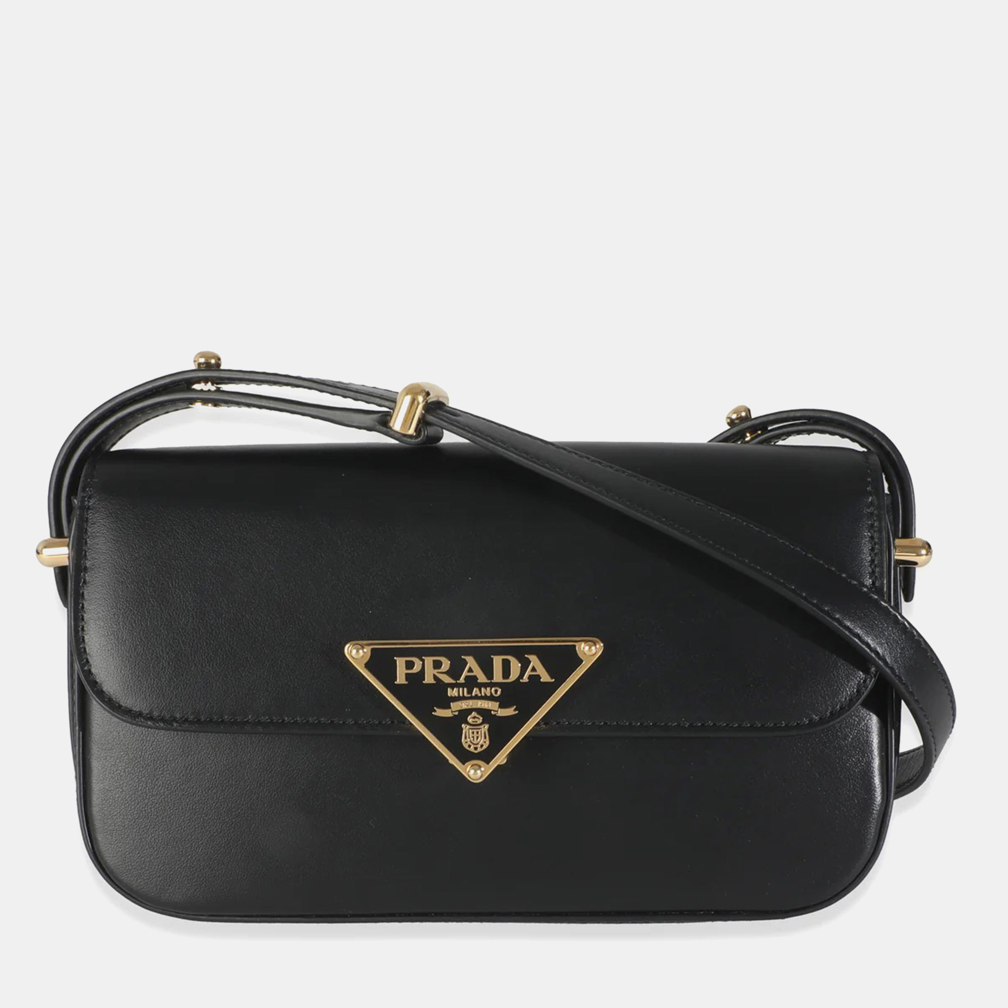 

Prada Black Smooth Leather Logo Plaque Shoulder Bag