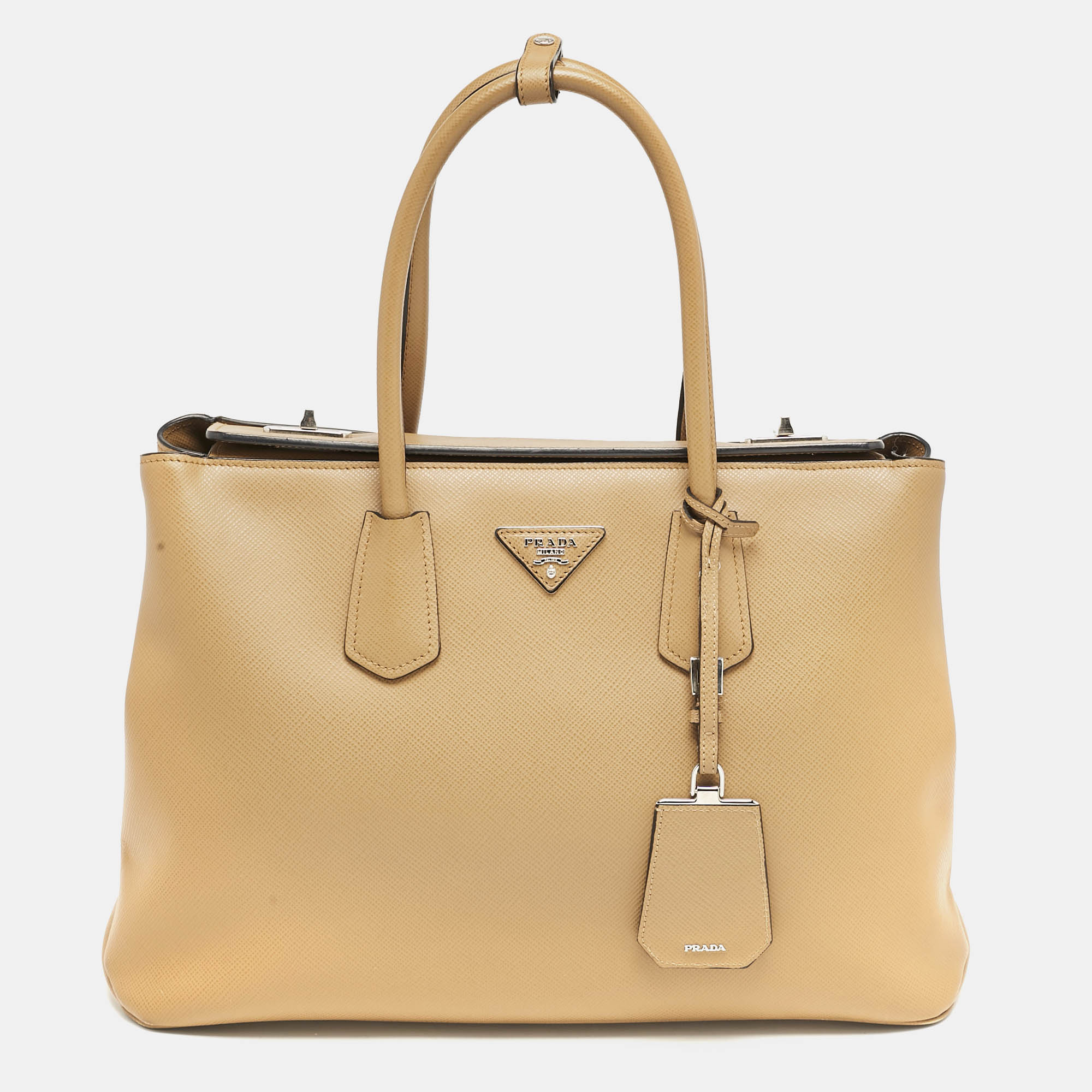 

Prada Brown Saffiano Cuir Leather Turnlock Twin Tote