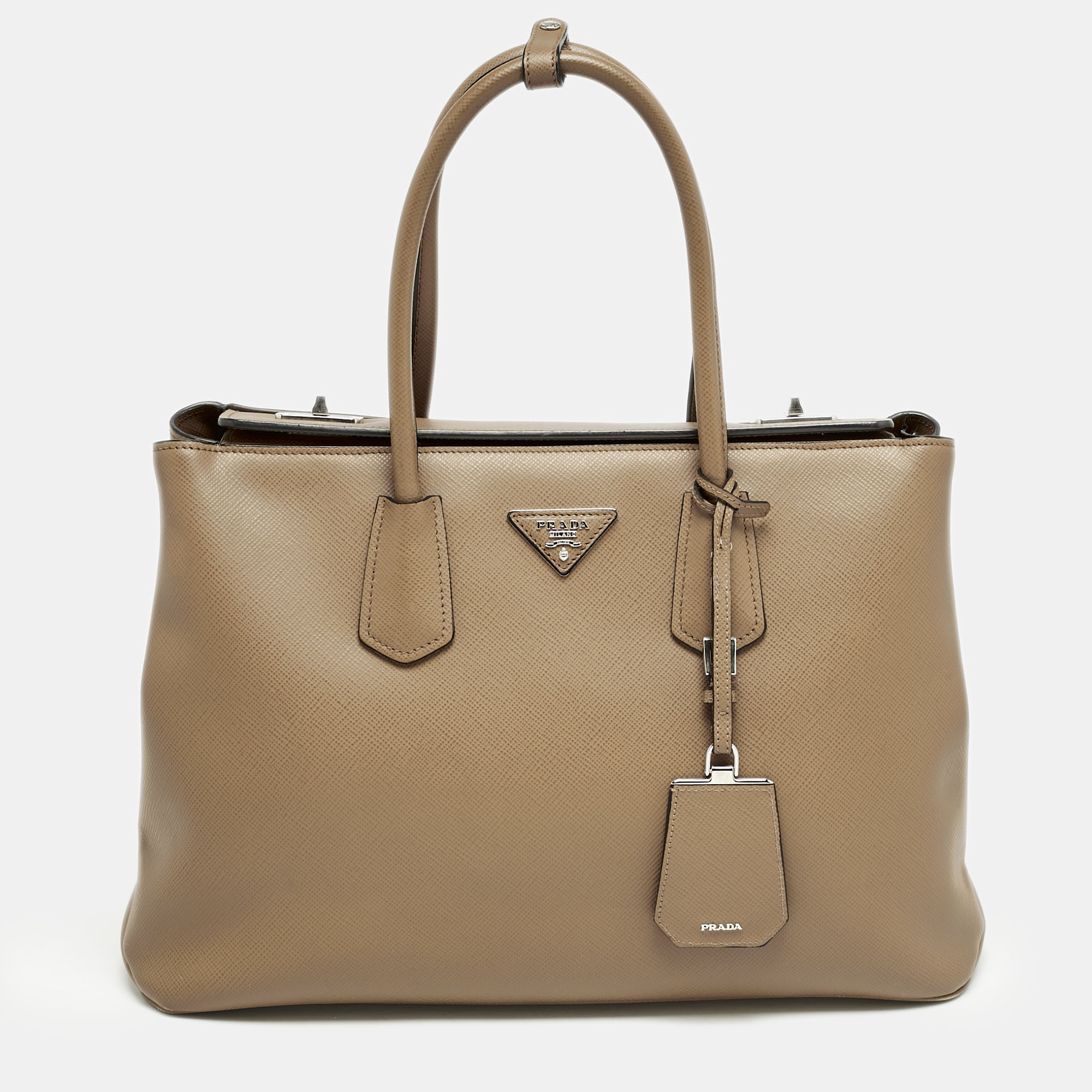 

Prada Brown Saffiano Cuir Leather Turnlock Twin Tote