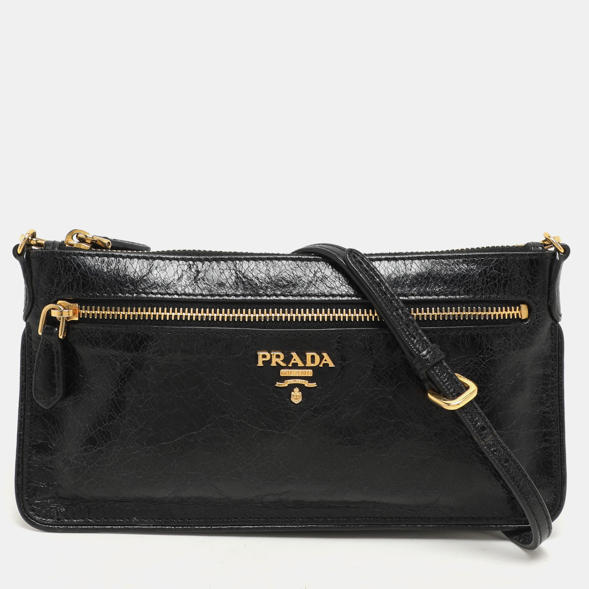 

Prada Black Leather Top Zip Clutch