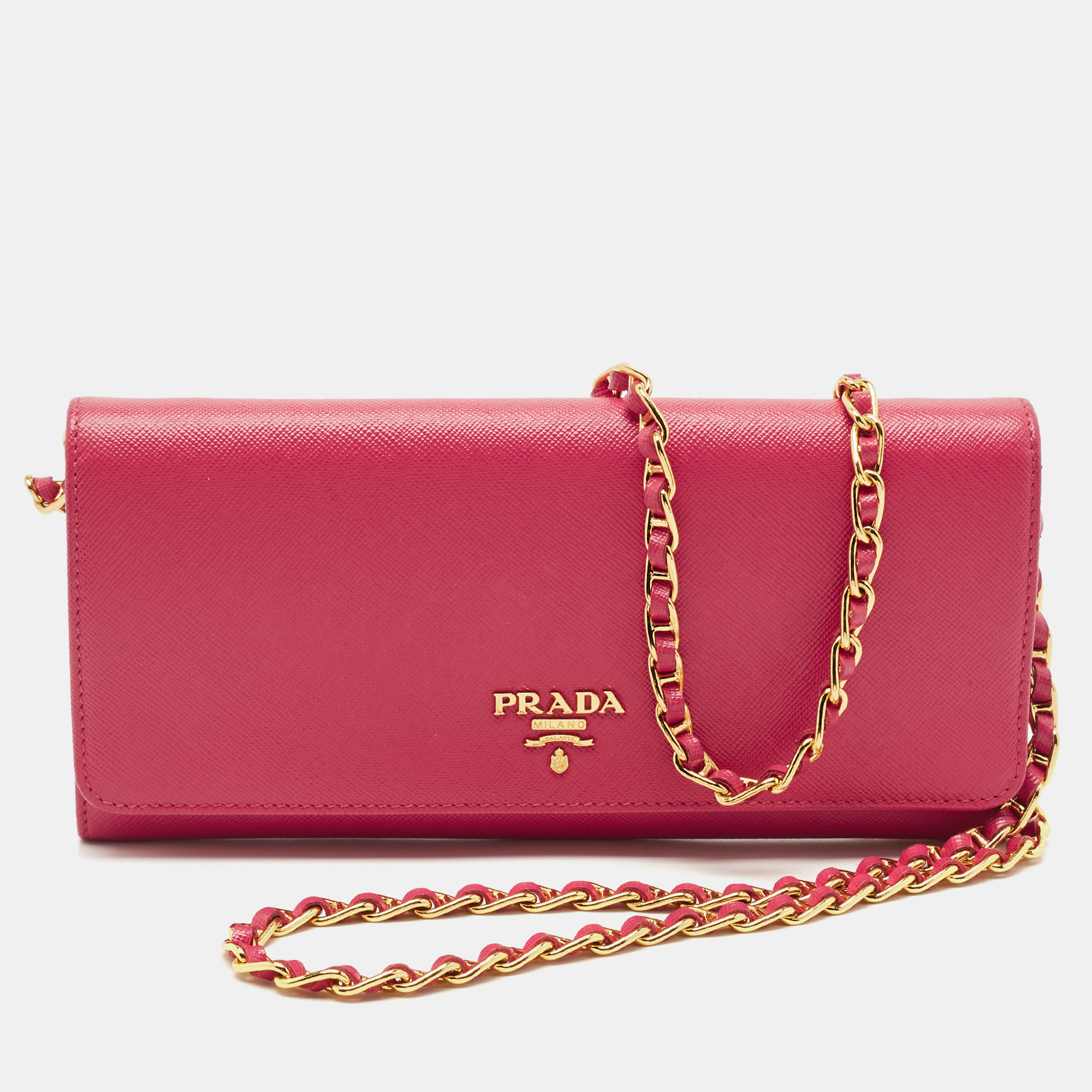 

Prada Pink Saffiano Metal Leather Logo Flap Wallet On Chain