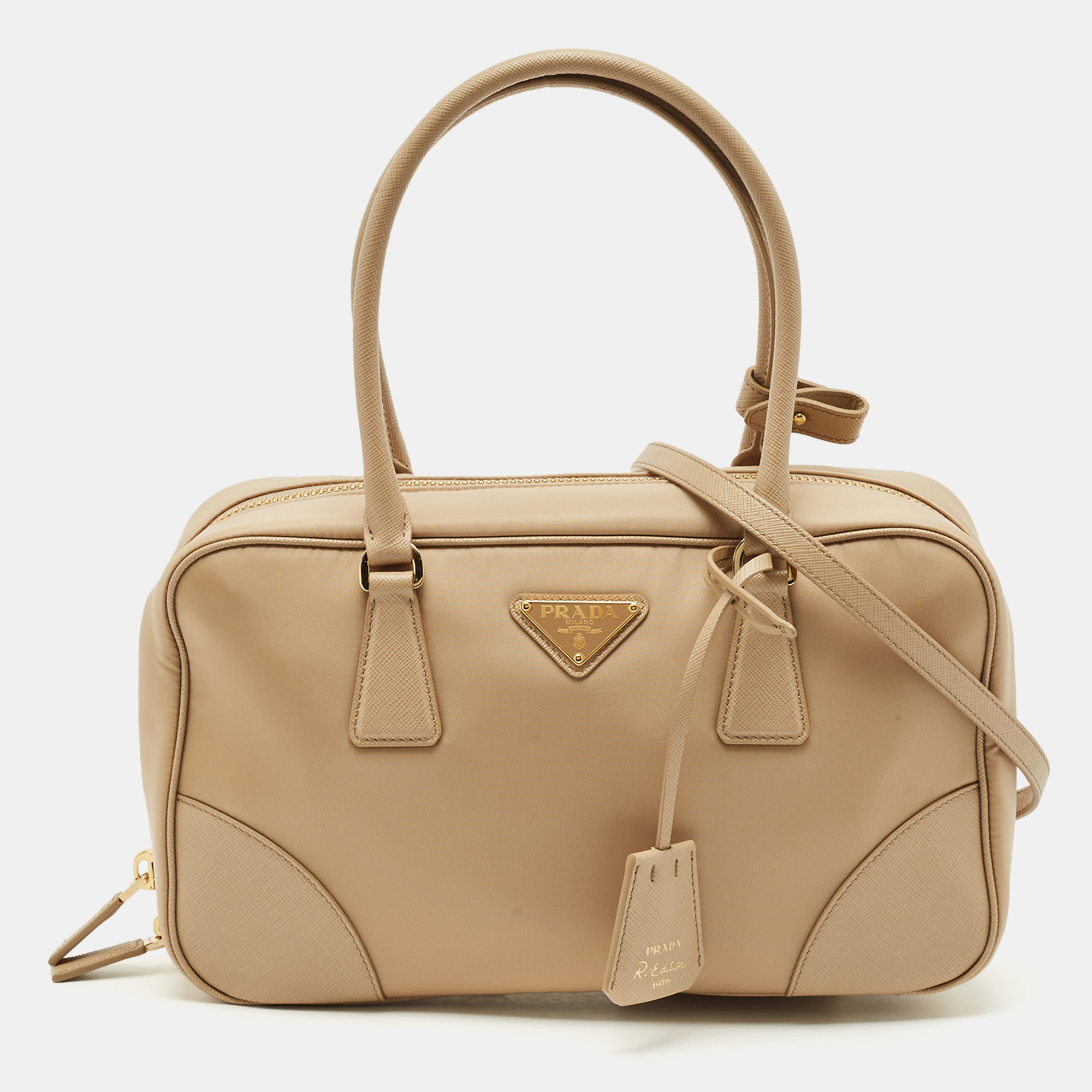 

Prada Beige Saffiano Leather and Nylon Re-Edition 1978 Two Handle Bag