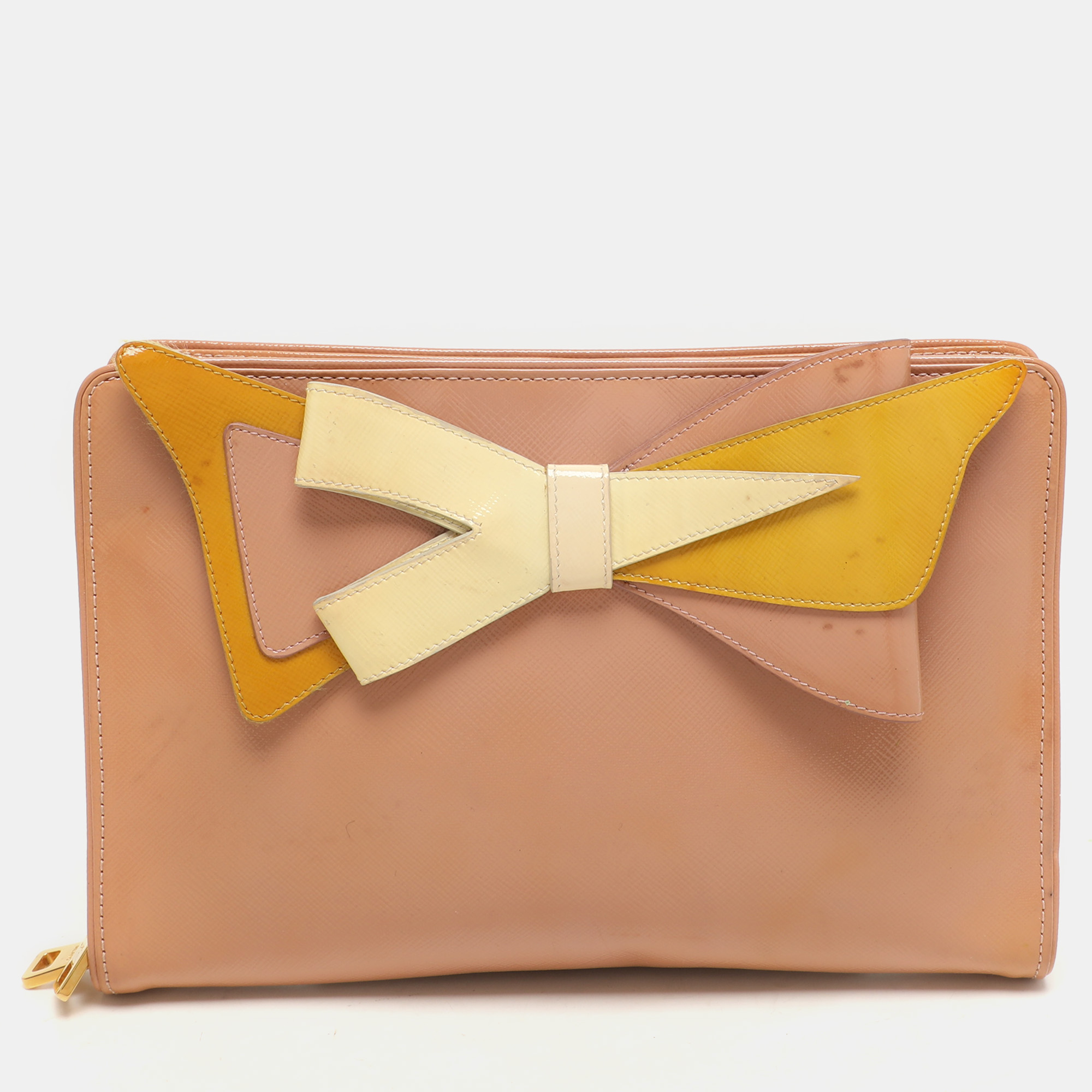 

Prada Tricolor Patent Saffiano Leather Bow Shoulder Bag, Beige
