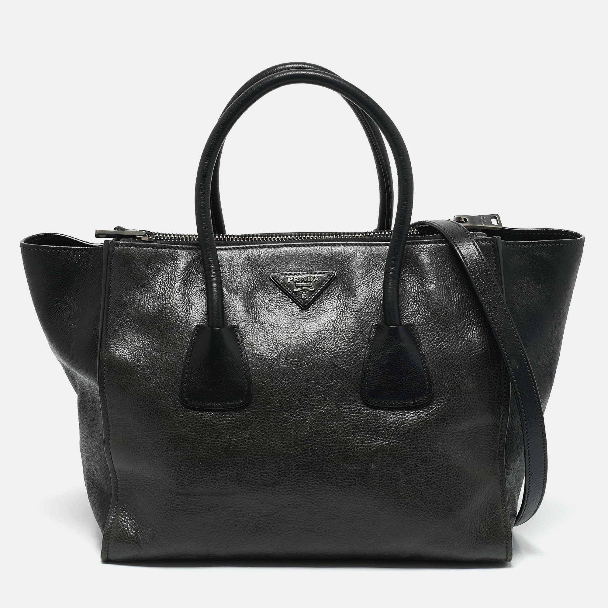 

Prada Green/Black Leather  Twin Pocket Double Handle Tote