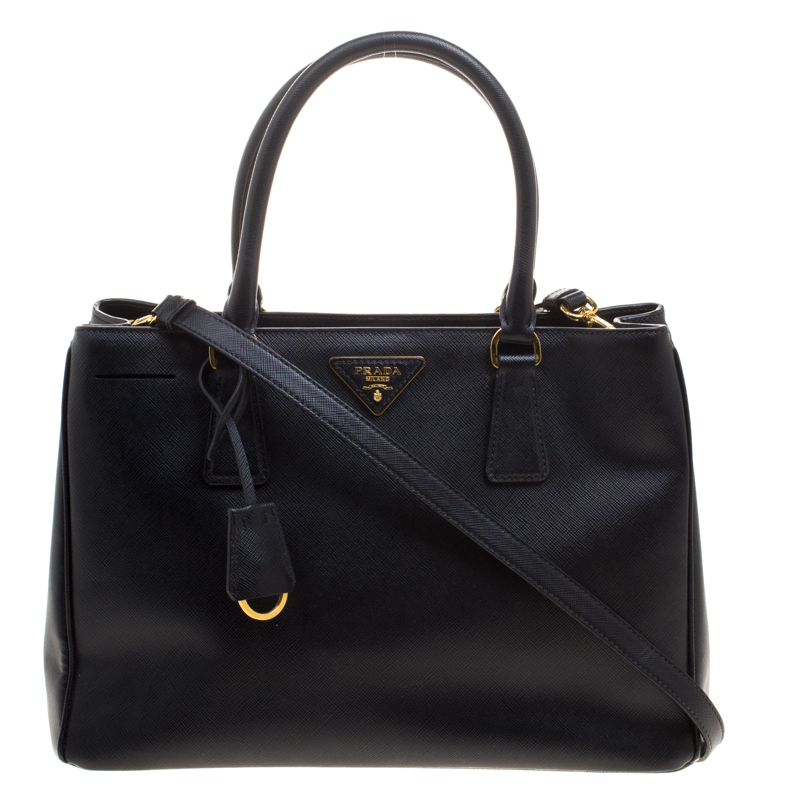Pre Owned Prada Black Saffiano Lux Leather Medium Garderner's Tote