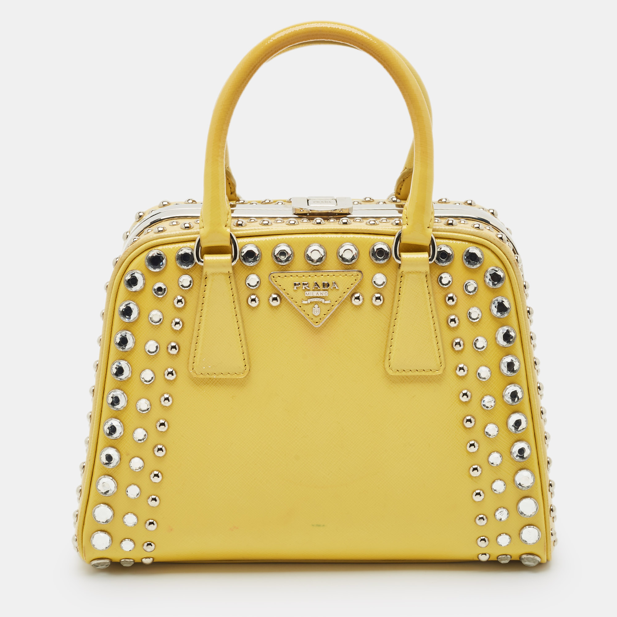

Prada Yellow/Cream Saffiano Patent Leather  Studded Pyramid Frame Bag