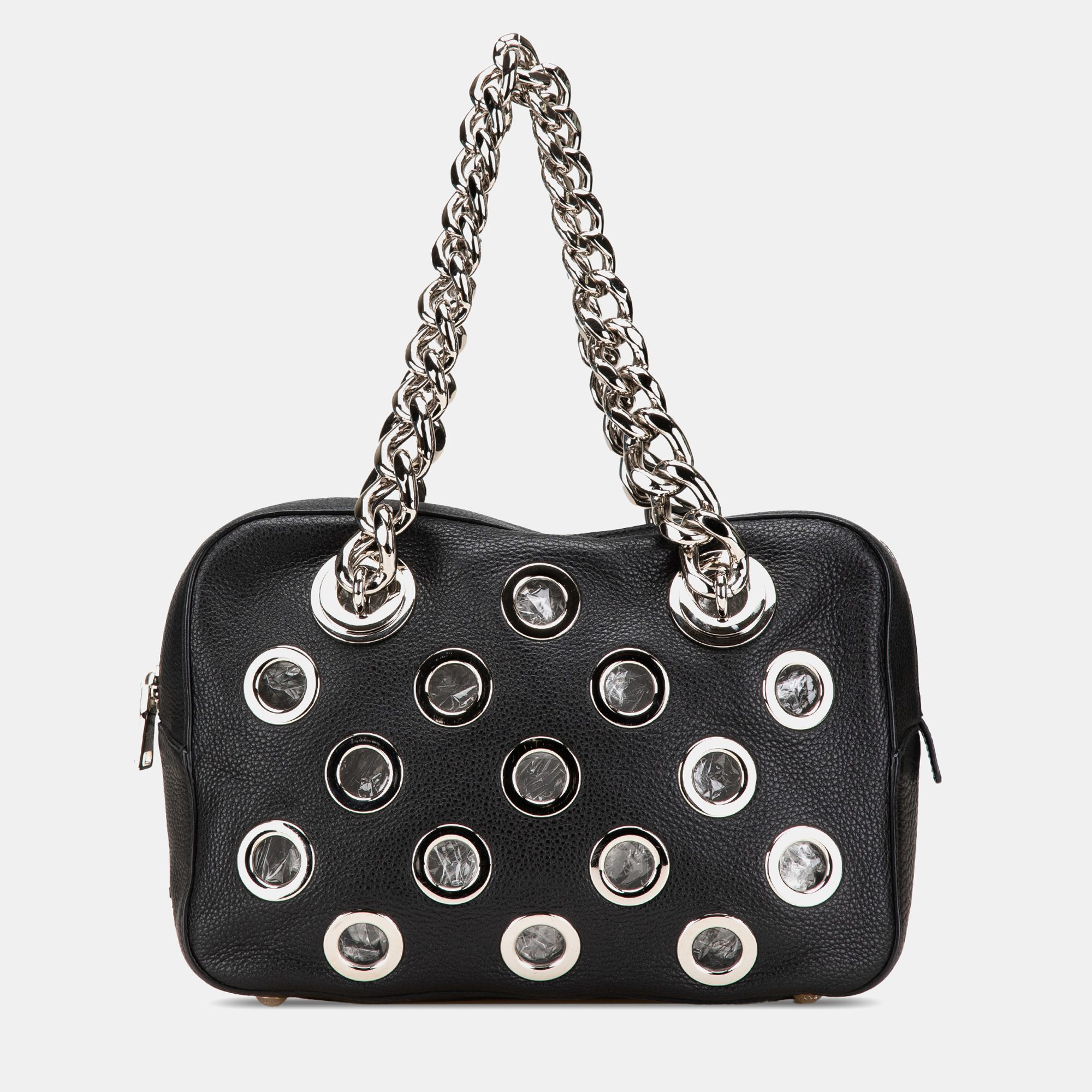 

Prada Black Vitello Daino Grommet Chain Handbag