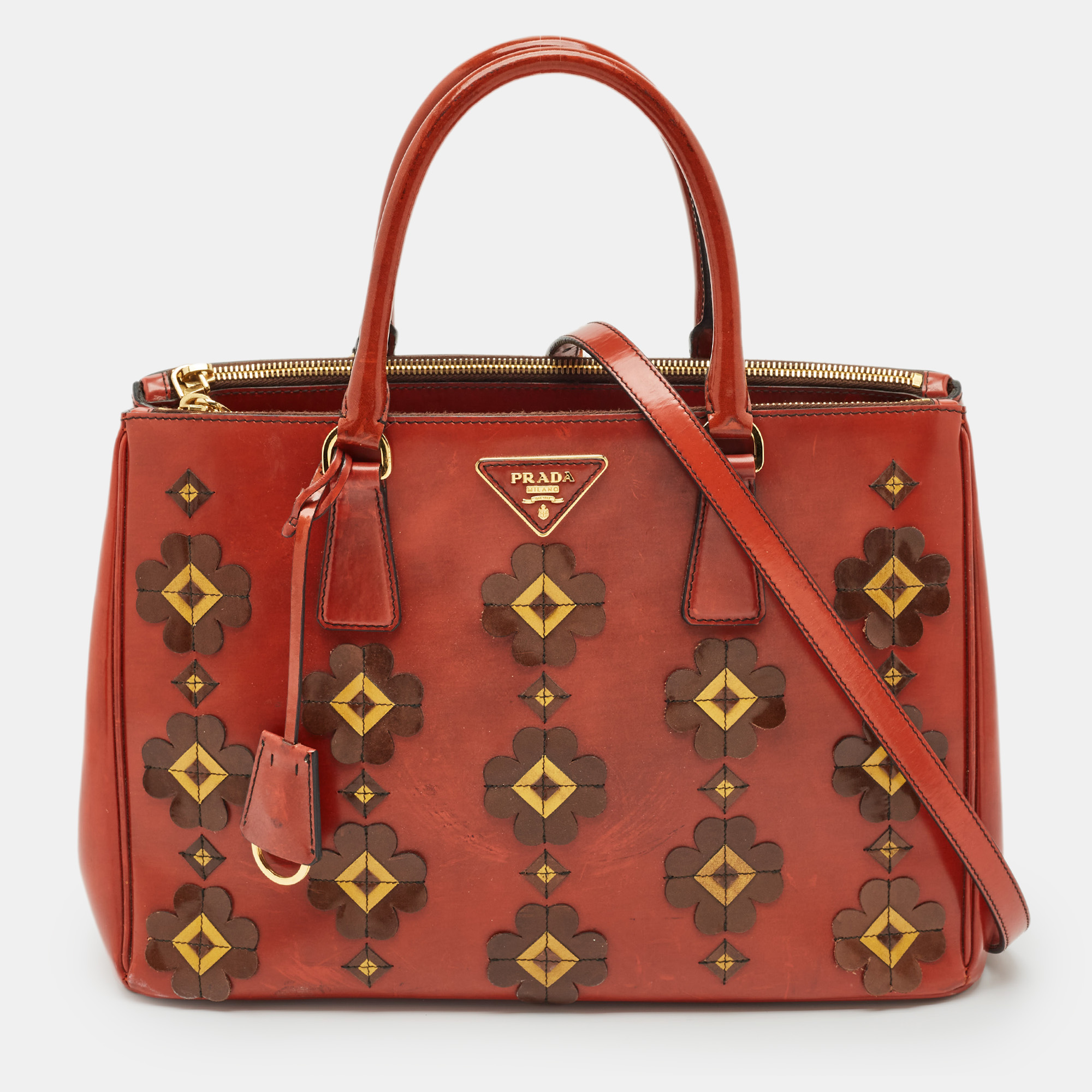 

Prada Brick Red Patent Leather  Floral Applique Double Zip Tote