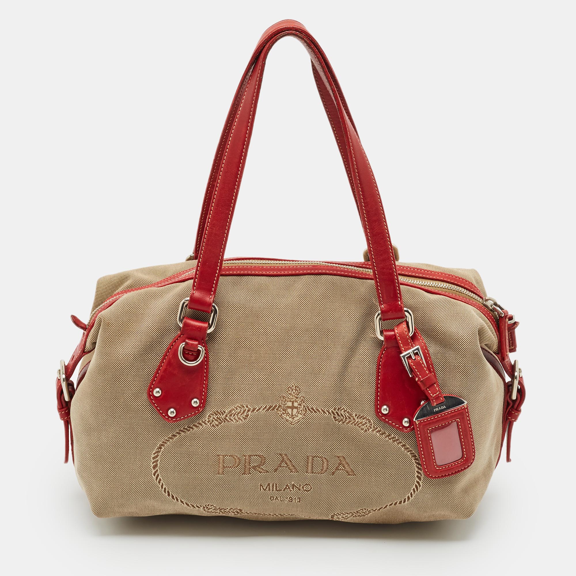 

Prada Red/Beige Canvas Logo Jacquard Boston Bag