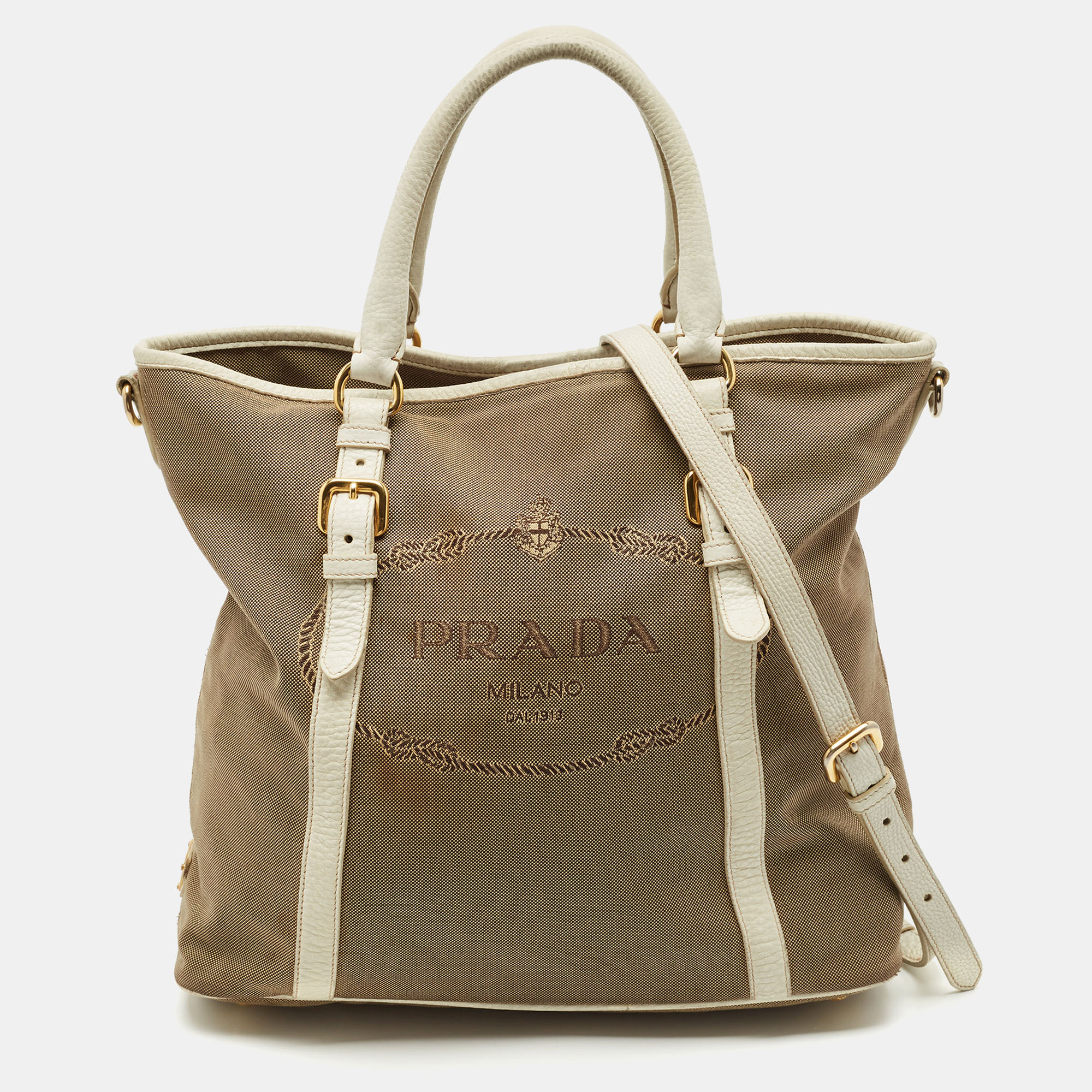 

Prada White/Beige Logo Jacquard Canvas and Leather Tote