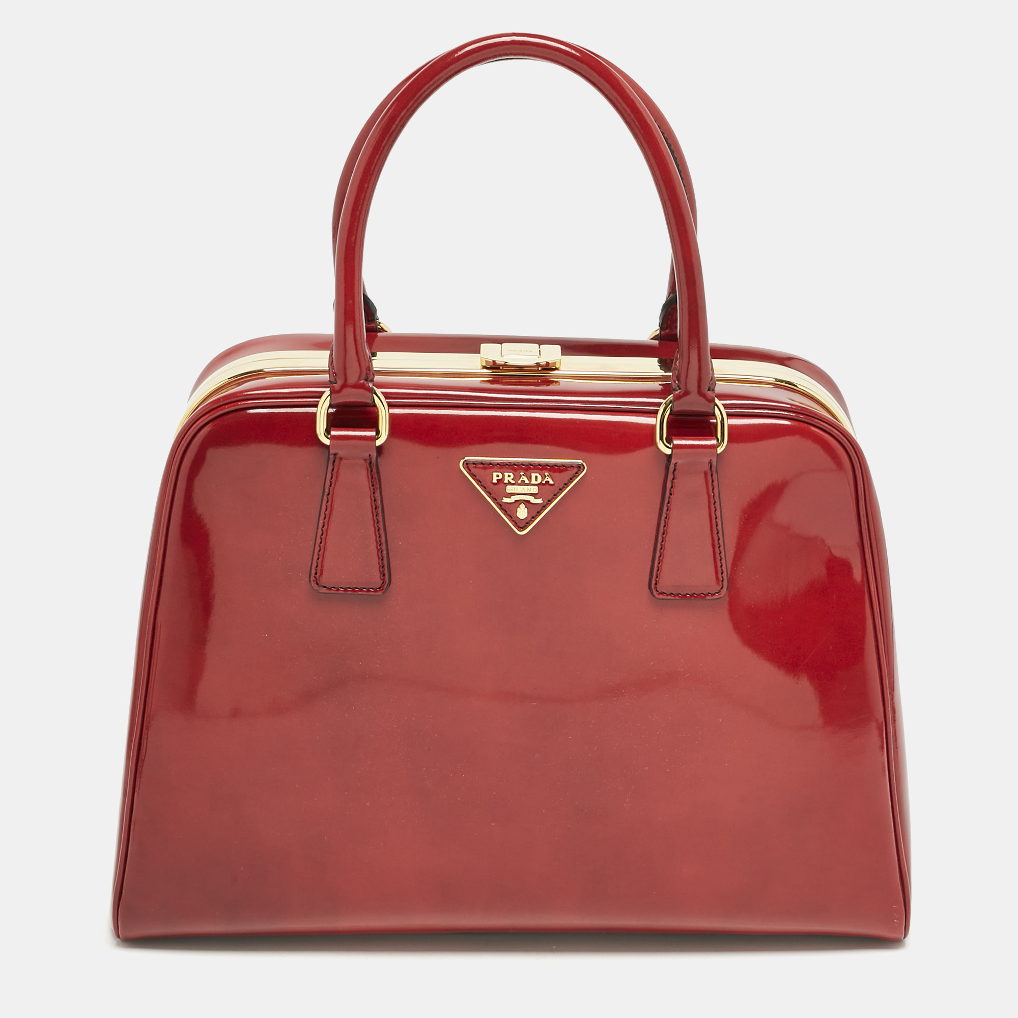 

Prada Red Patent Leather Pyramid Frame Satchel