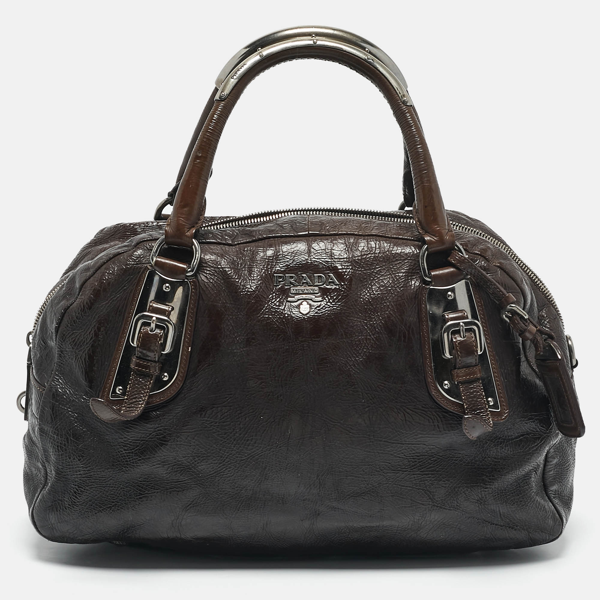 

Prada Ombre Brown Crackled Patent Leather Bauletto Bag