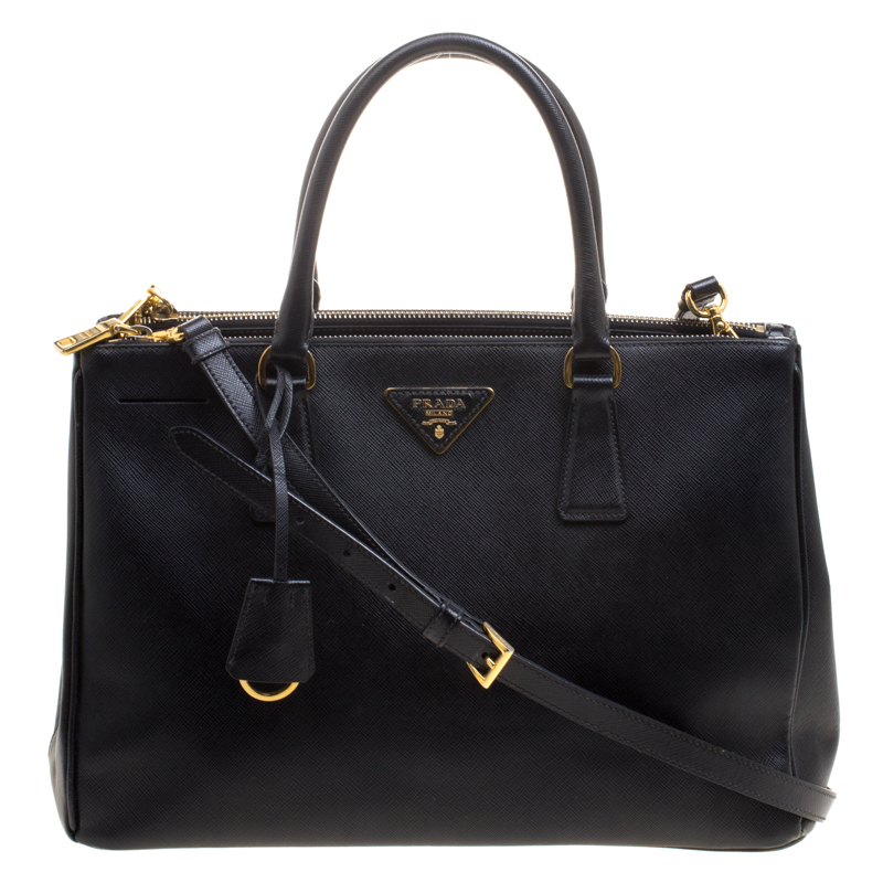 Pre Owned Prada Black Saffiano Lux Leather Medium Double Zip Tote