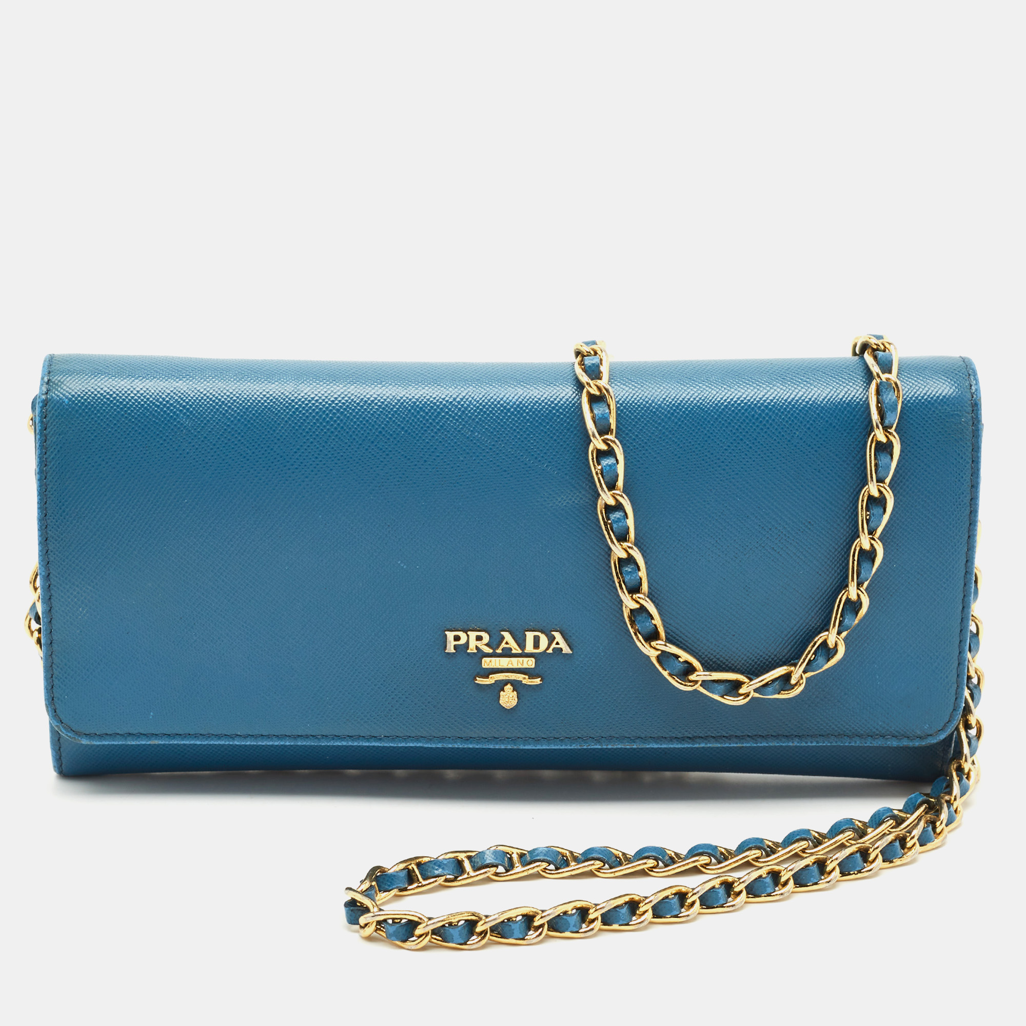 

Prada Blue Saffiano Lux Leather Logo Flap Wallet On Chain
