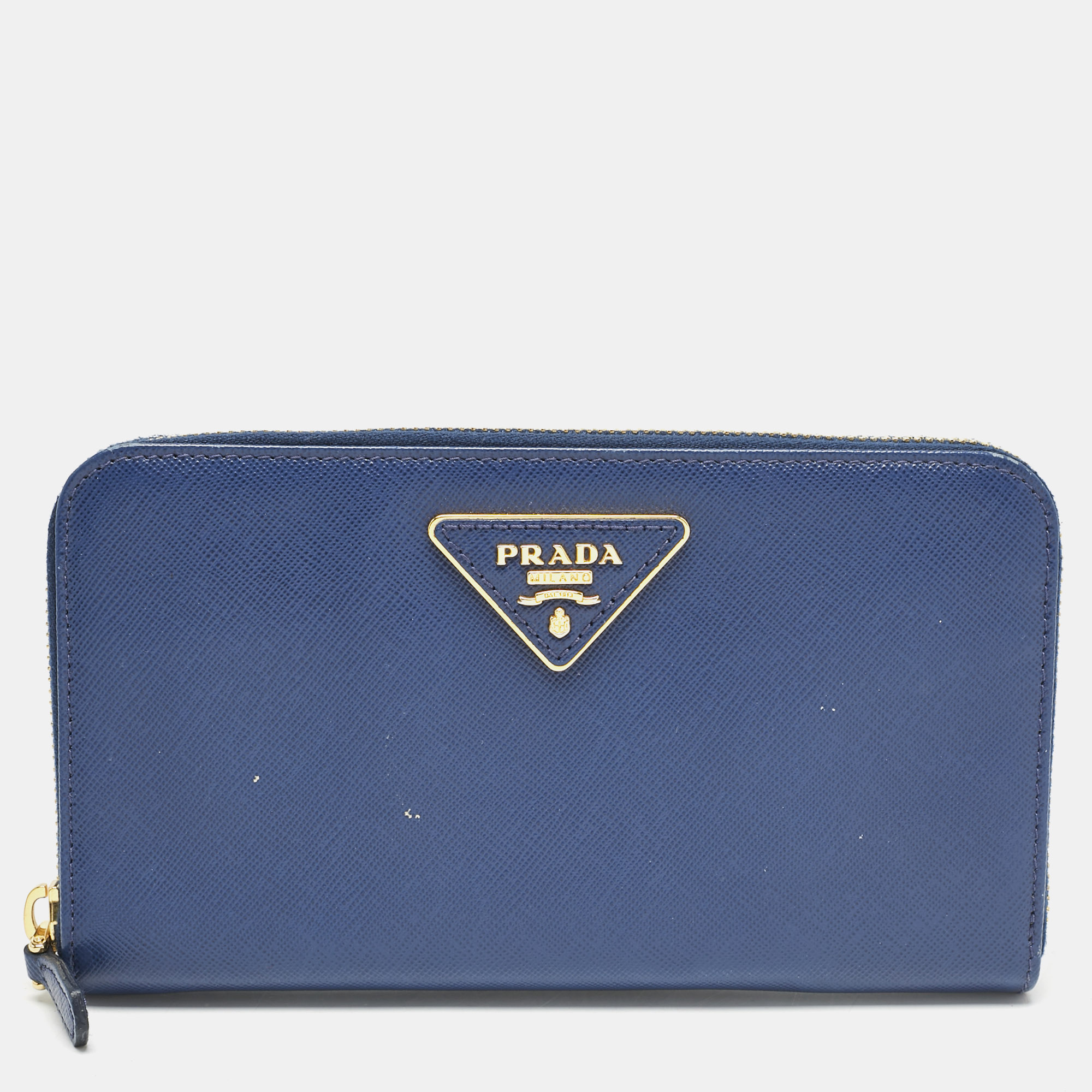 

Prada Blue Saffiano Lux Leather Triangle Zip Around Wallet
