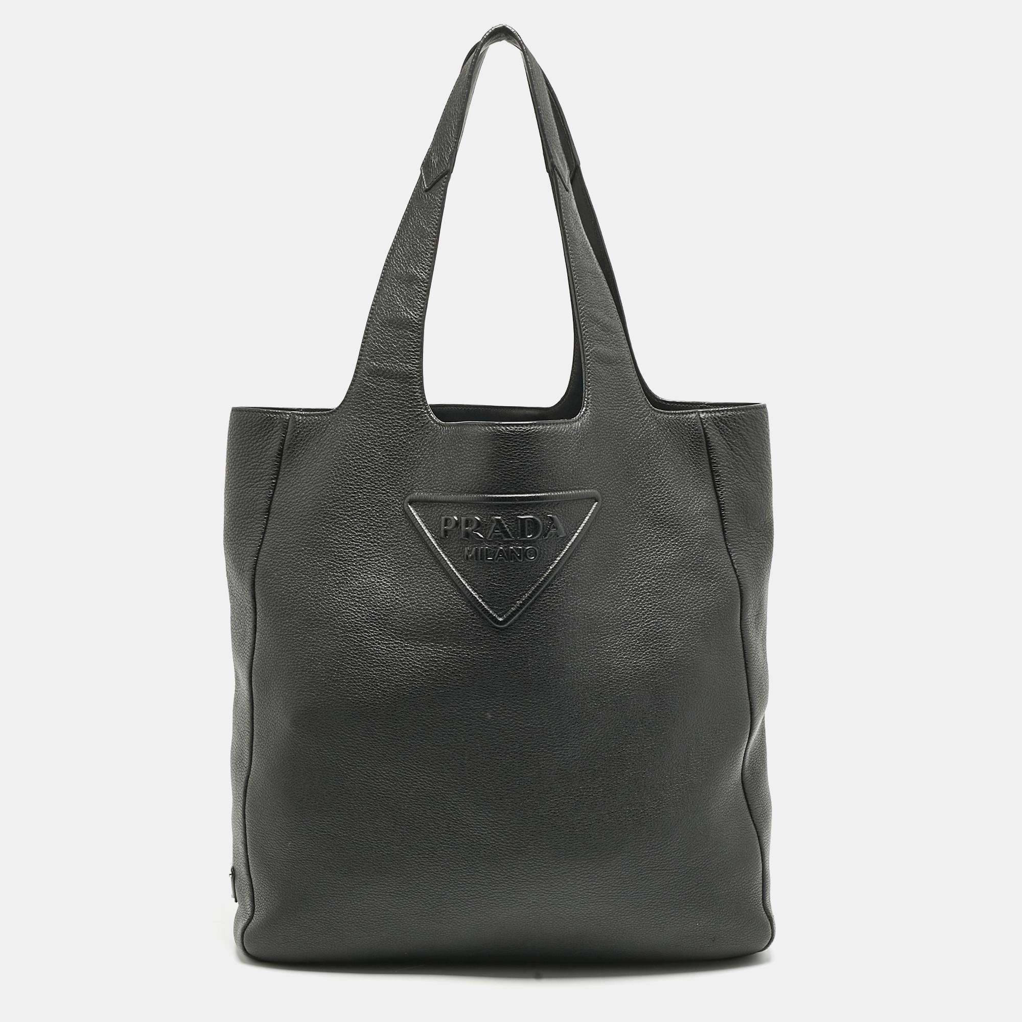 

Prada Black Vitello Daino Leather Logo Embossed Tote