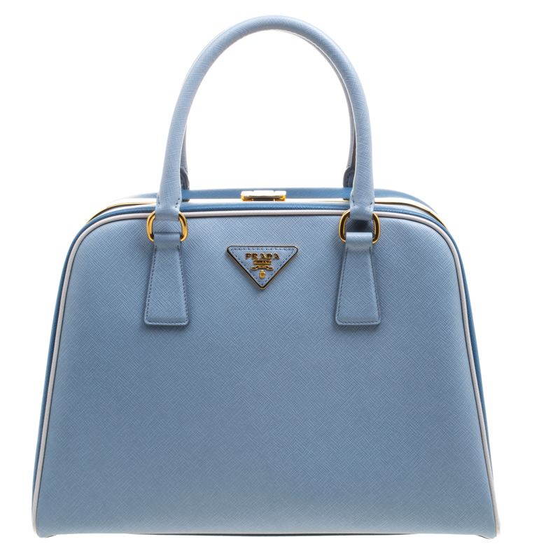 Pre Owned Prada Two Tone Blue Saffiano Leather Frame Top Handle Bag