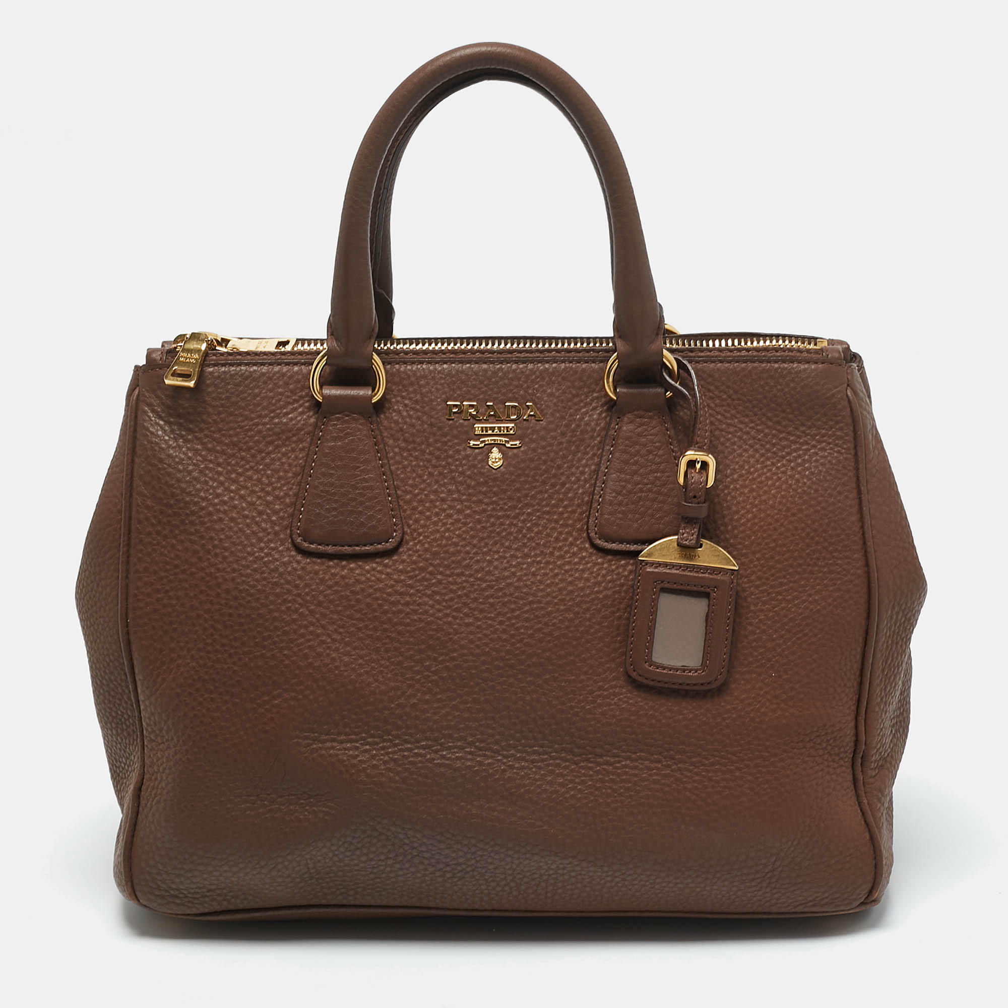 

Prada Brown Vitello Daino Leather Double Zip Tote