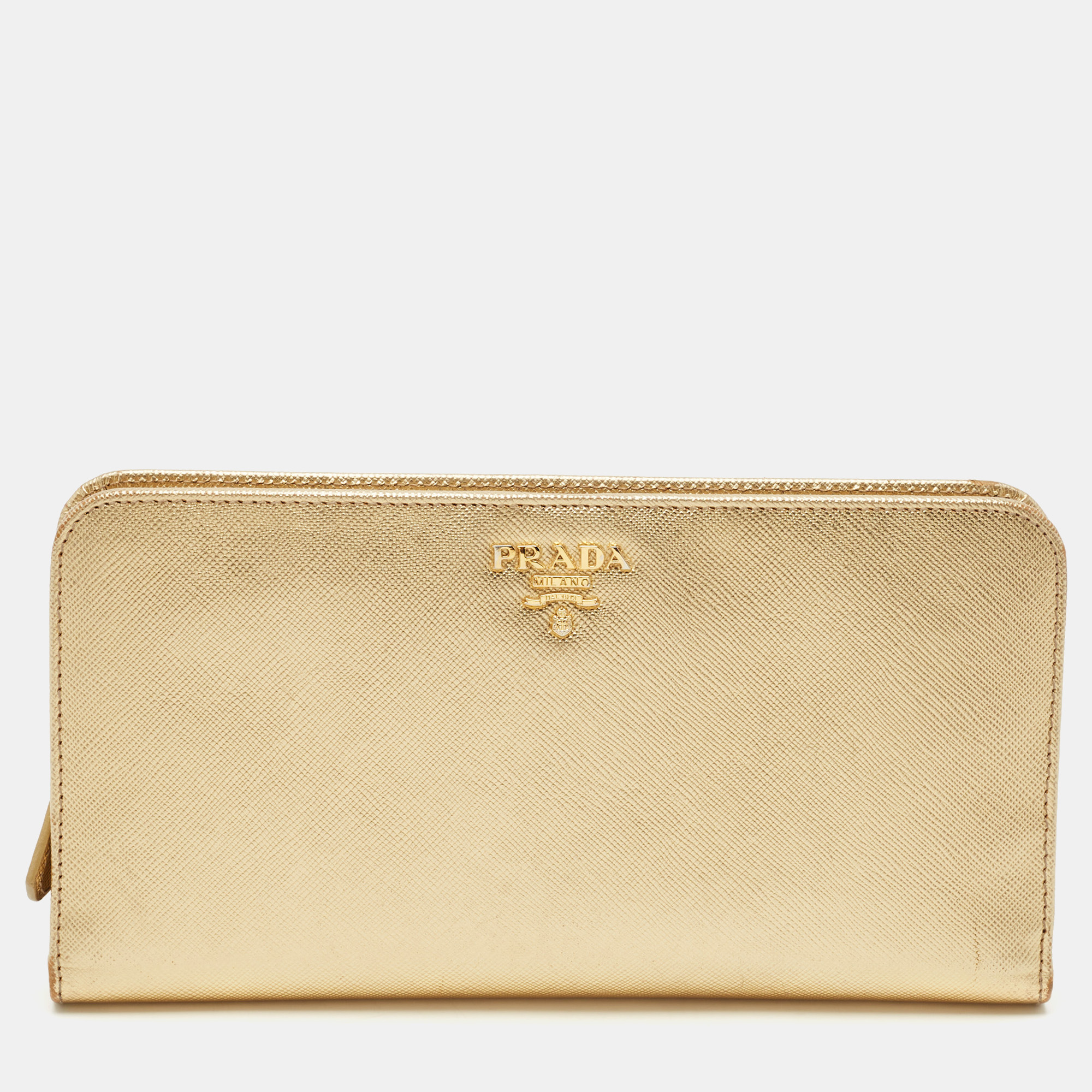 

Prada Gold Saffiano Lux Leather Bifold Wallet Organizer