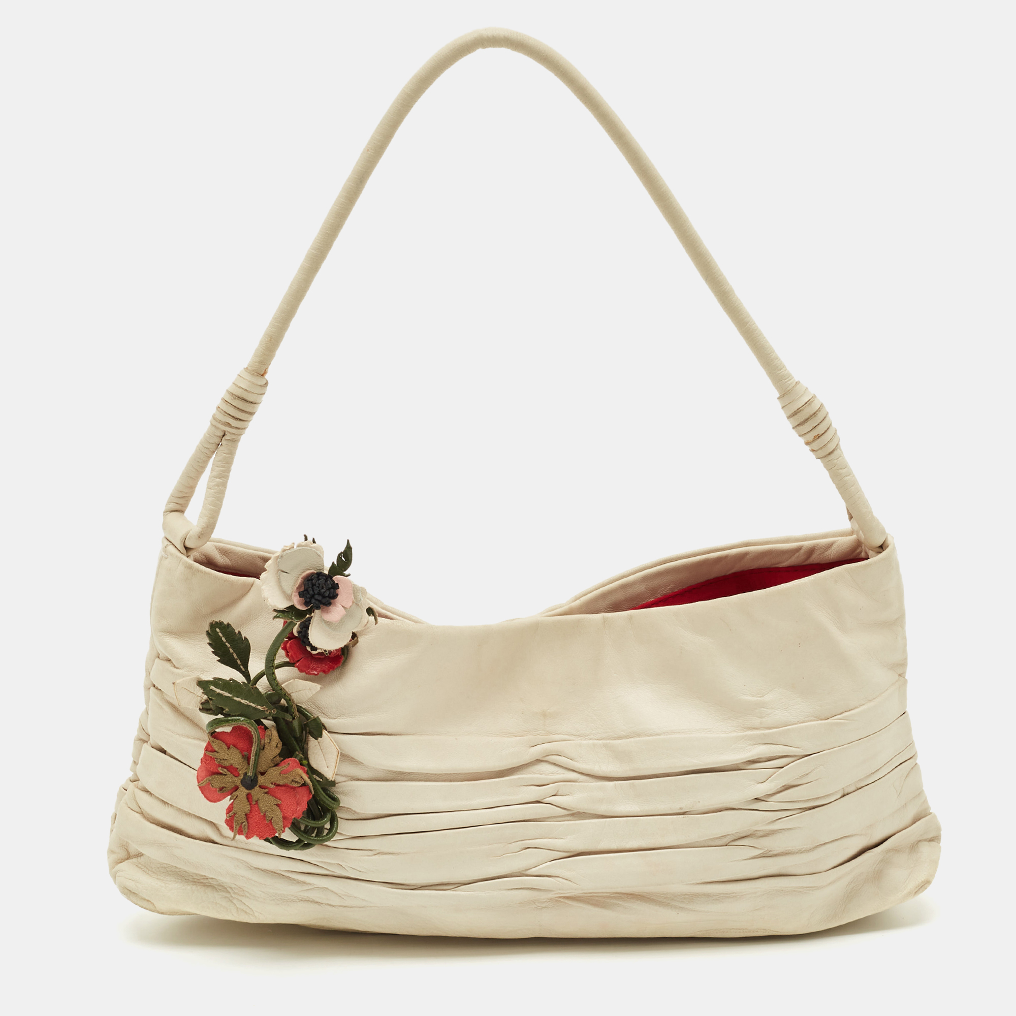 

Prada Off White Ruched Leather Rose Applique Pochette