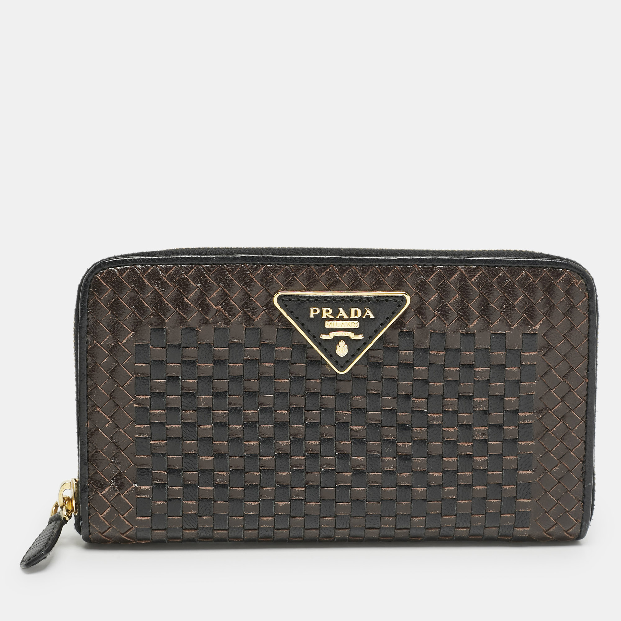 

Prada Brown/Black Woven Madras Leather Zip Around Wallet