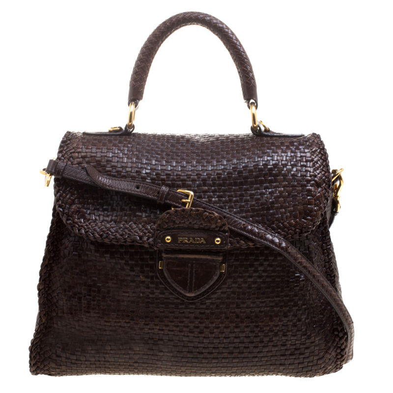 Prada Dark Brown Woven Goatskin Leather Madras Top Handle Bag Prada ...
