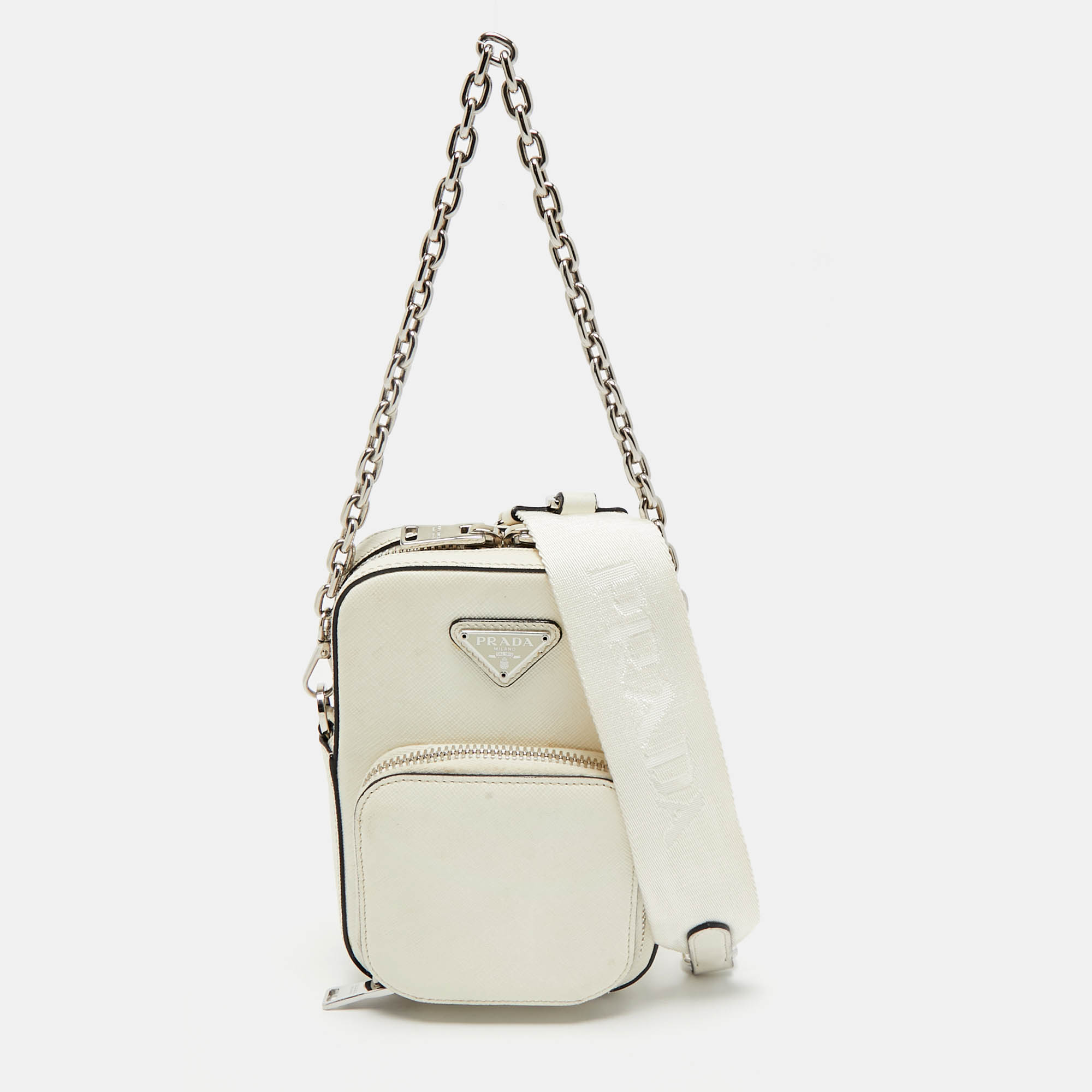 

Prada White Saffiano Lux Leather Phone Crossbody Bag