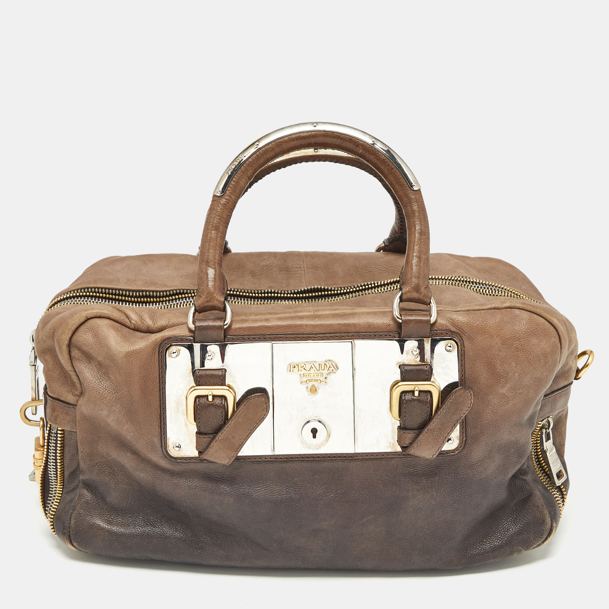 

Prada Brown Ombre Leather Glace Zippers Bauletto Bag