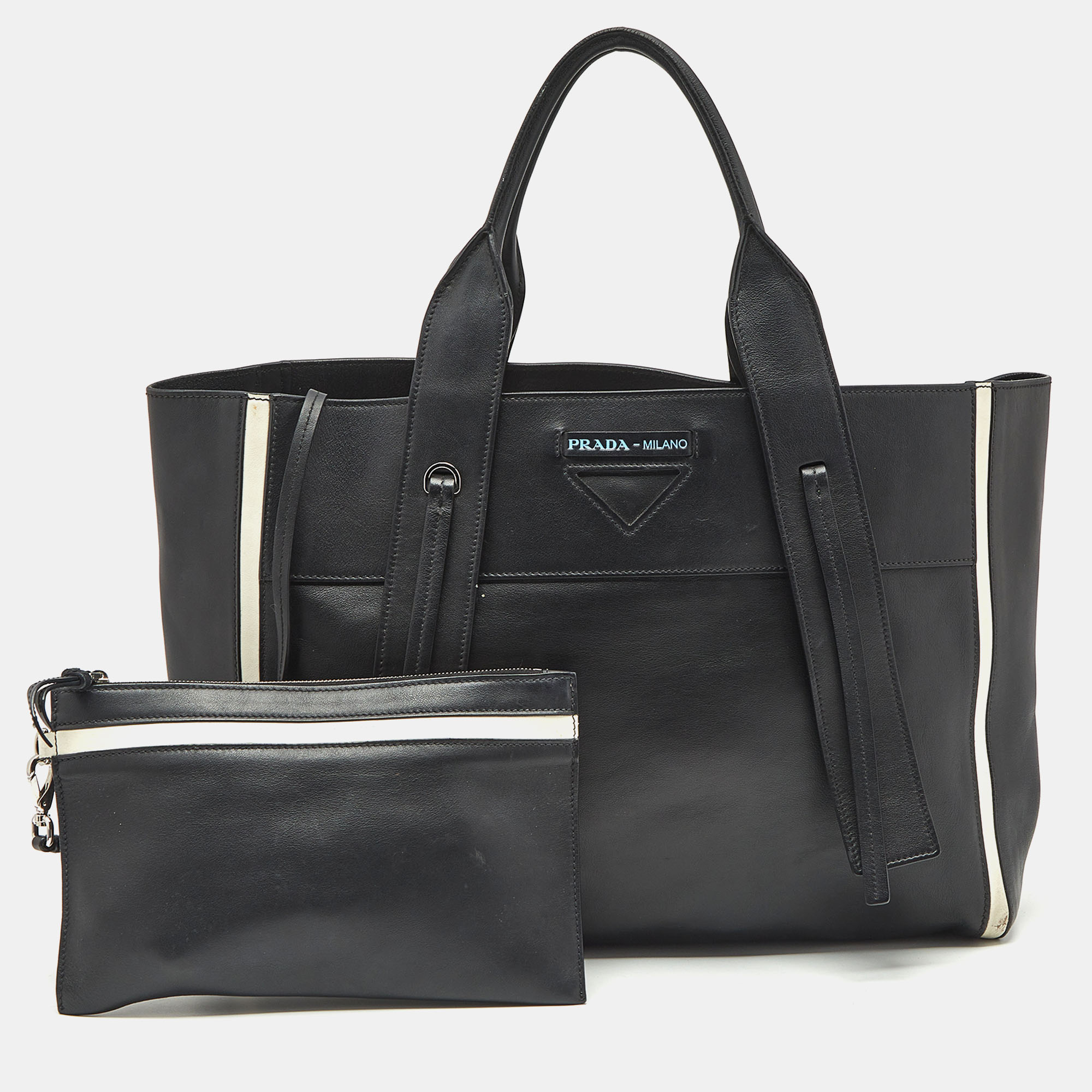 

Prada Black/White Grace Lux Leather Large Ouverture Tote