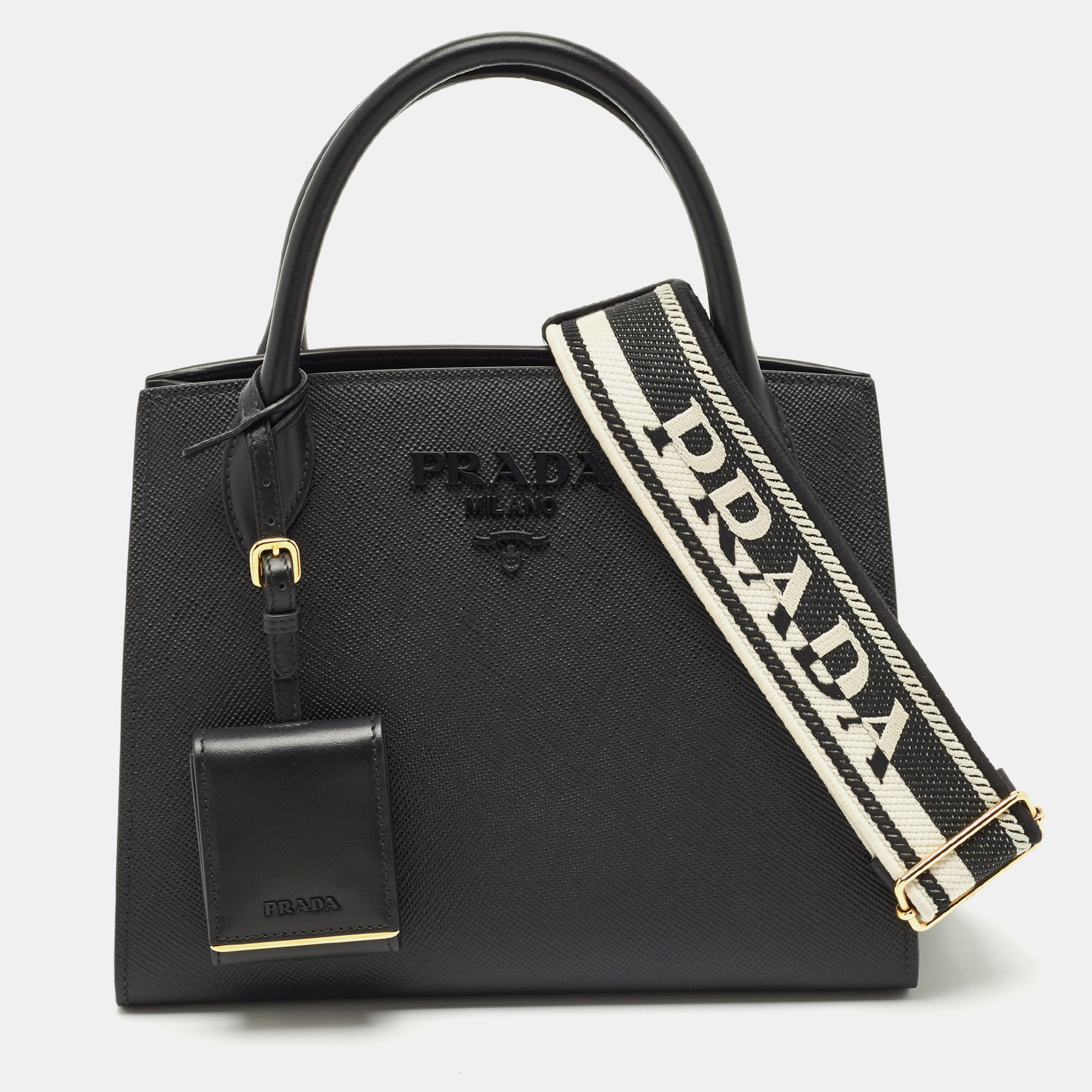 

Prada Black Saffiano Cuir Leather Small Monochrome Tote