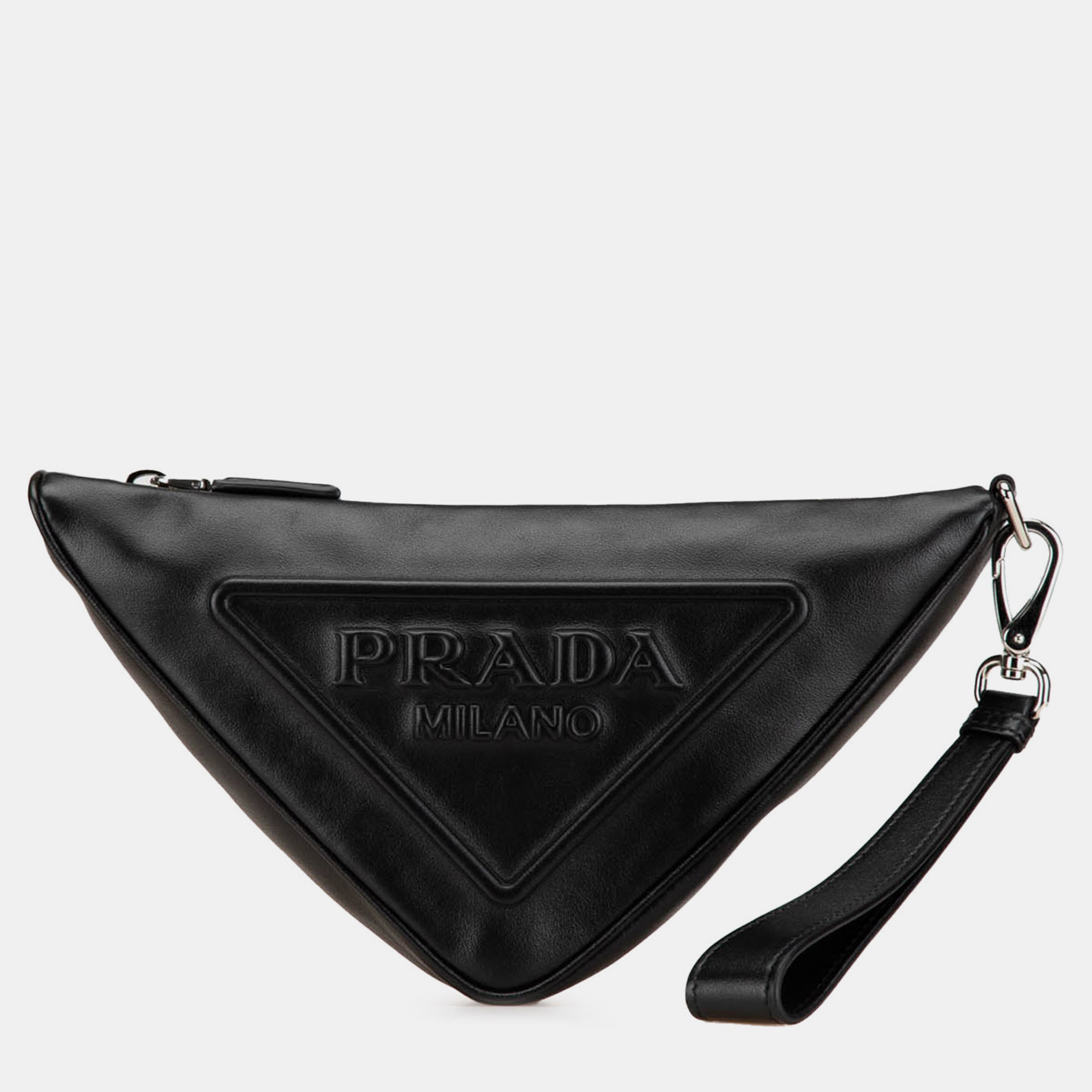 

Prada Black Grace Lux Triangle Logo Embossed Triangle Wristlet Pouch