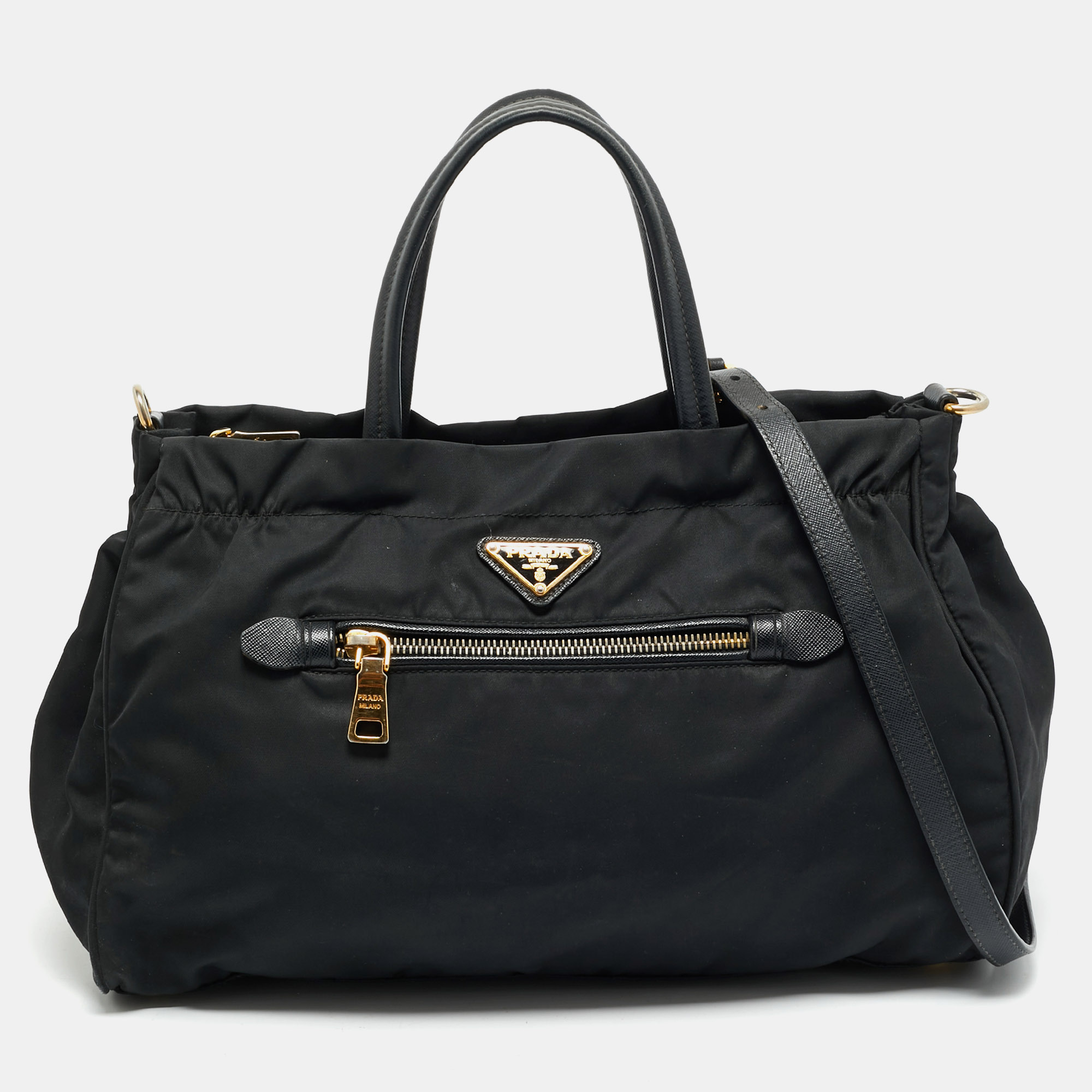 

Prada Black Nylon and Saffiano Leather Front Zip Tote