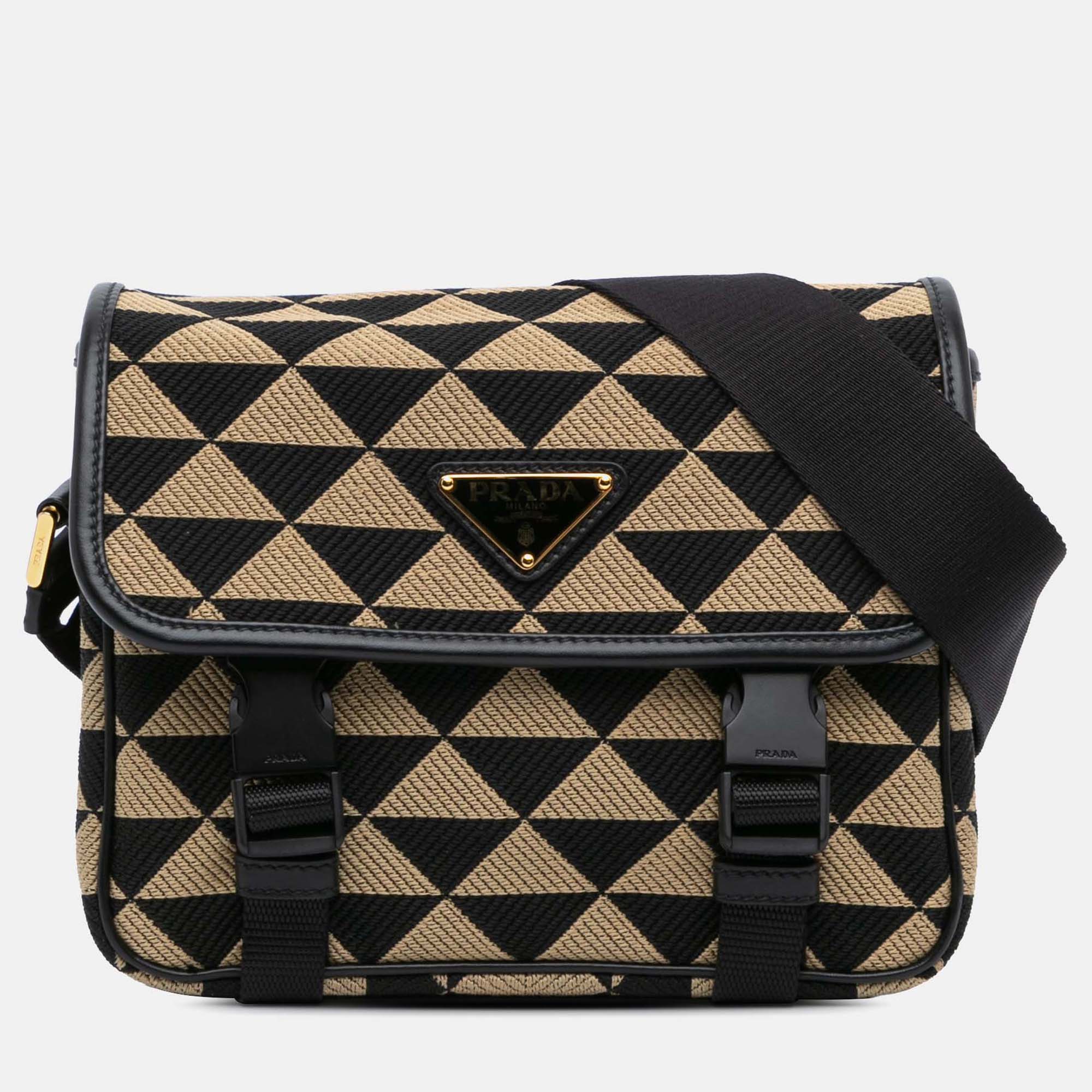 

Prada Beige Brown Symbole Double Buckle Messenger Bag