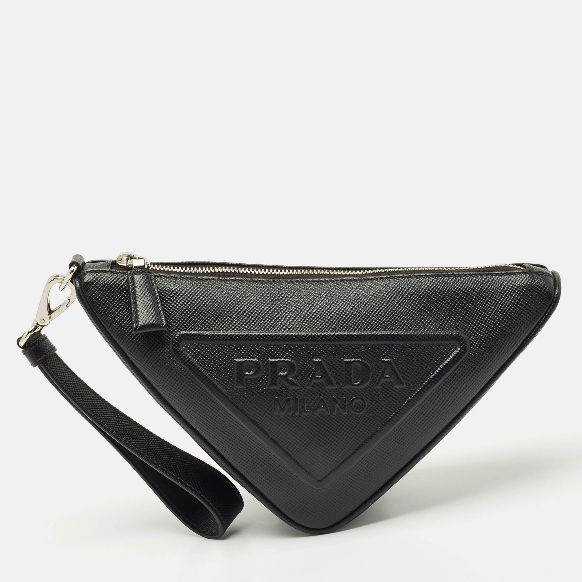 

Prada Black Saffiano Cuir Leather Triangle Wristlet Clutch