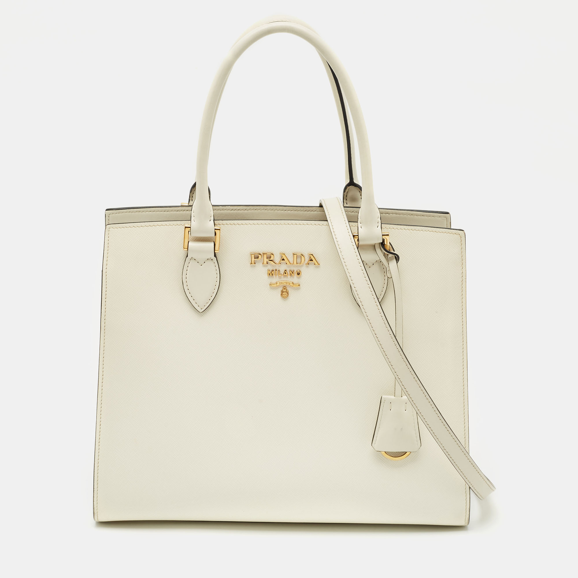 

Prada White Saffiano Cuir Leather Snap Tote