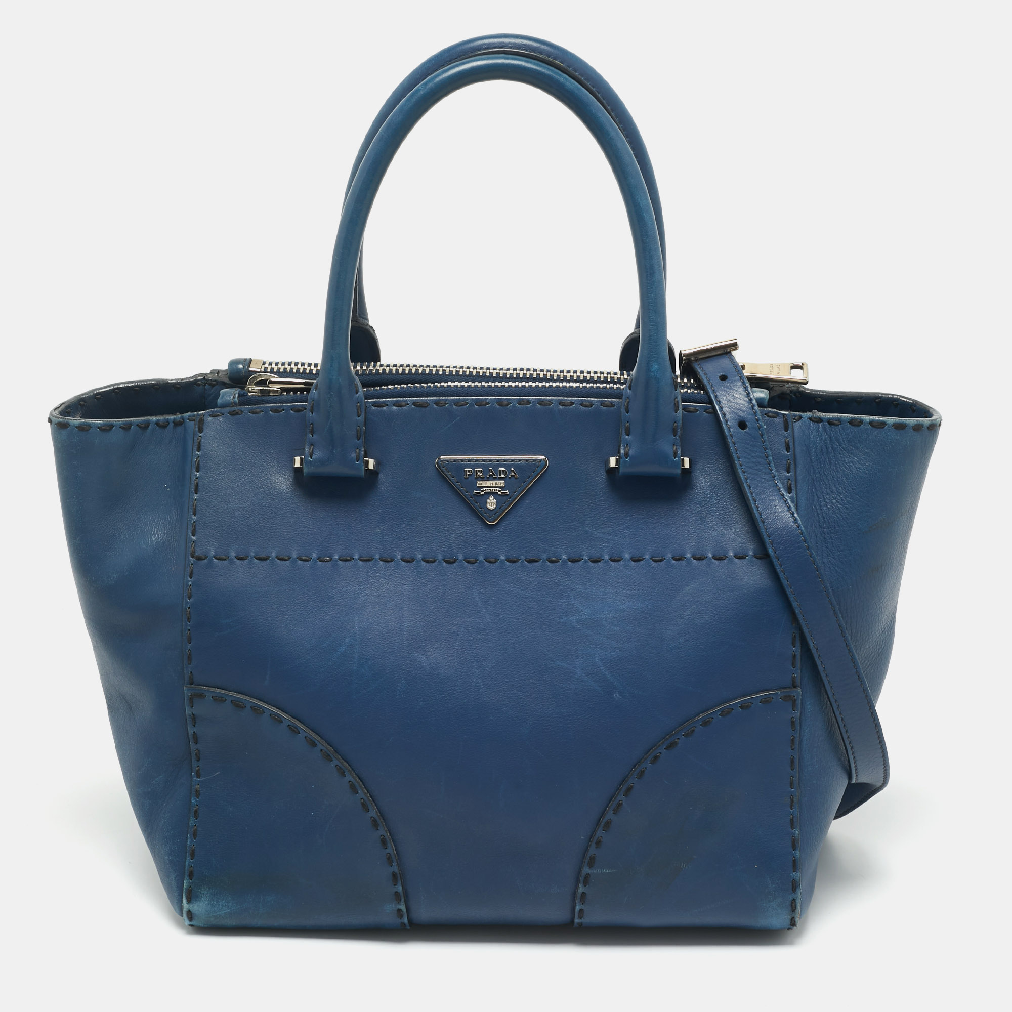 

Prada Blue City Calf Leather Twin Pocket Tote