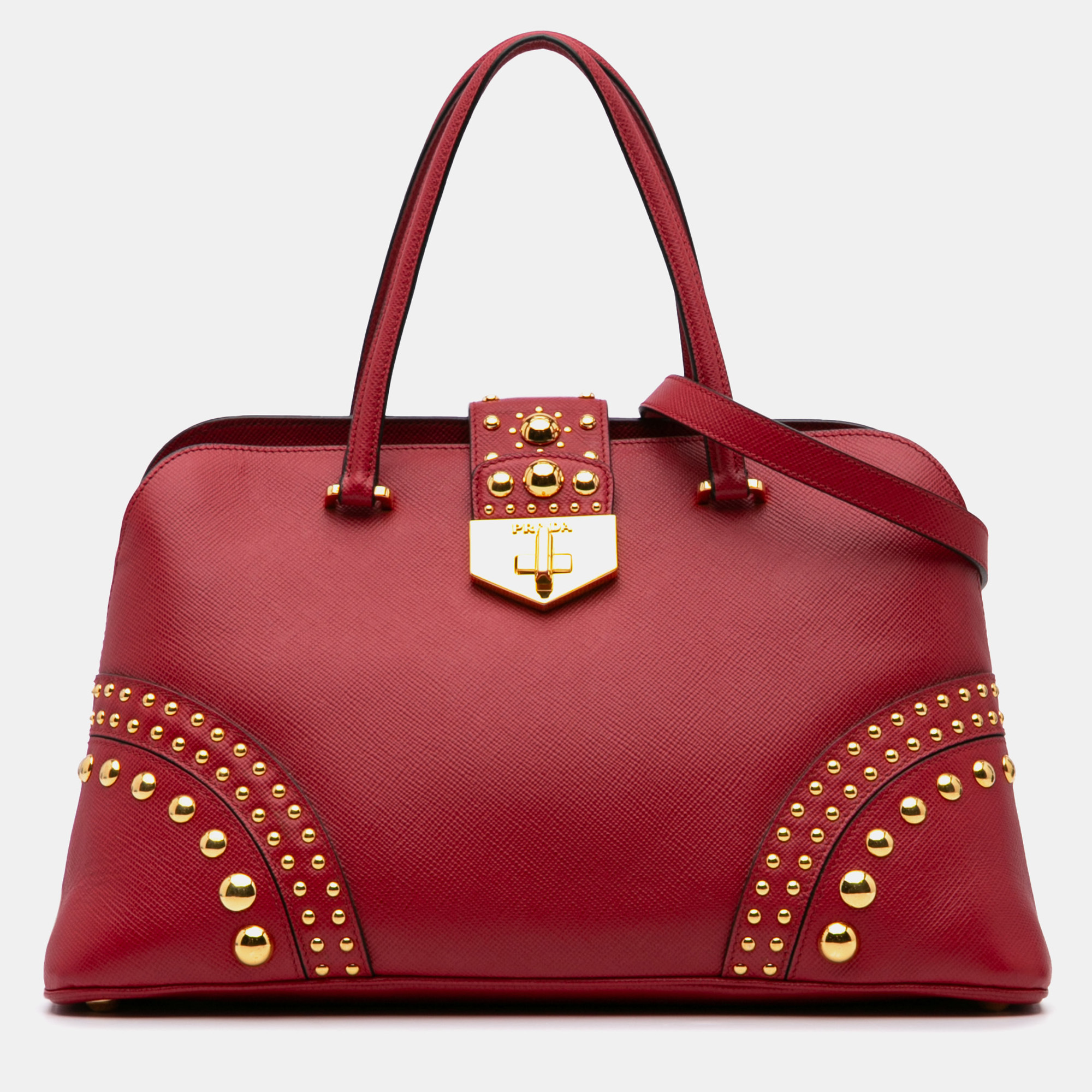 

Prada Red Studded Saffiano Cuir Promenade Satchel