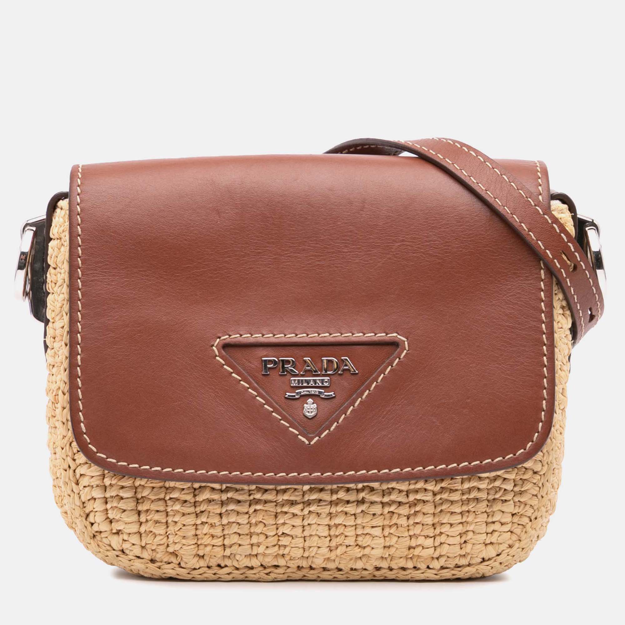 

Prada Beige/Brown Raffia Vitello Flap Crossbody Shoulder Bag