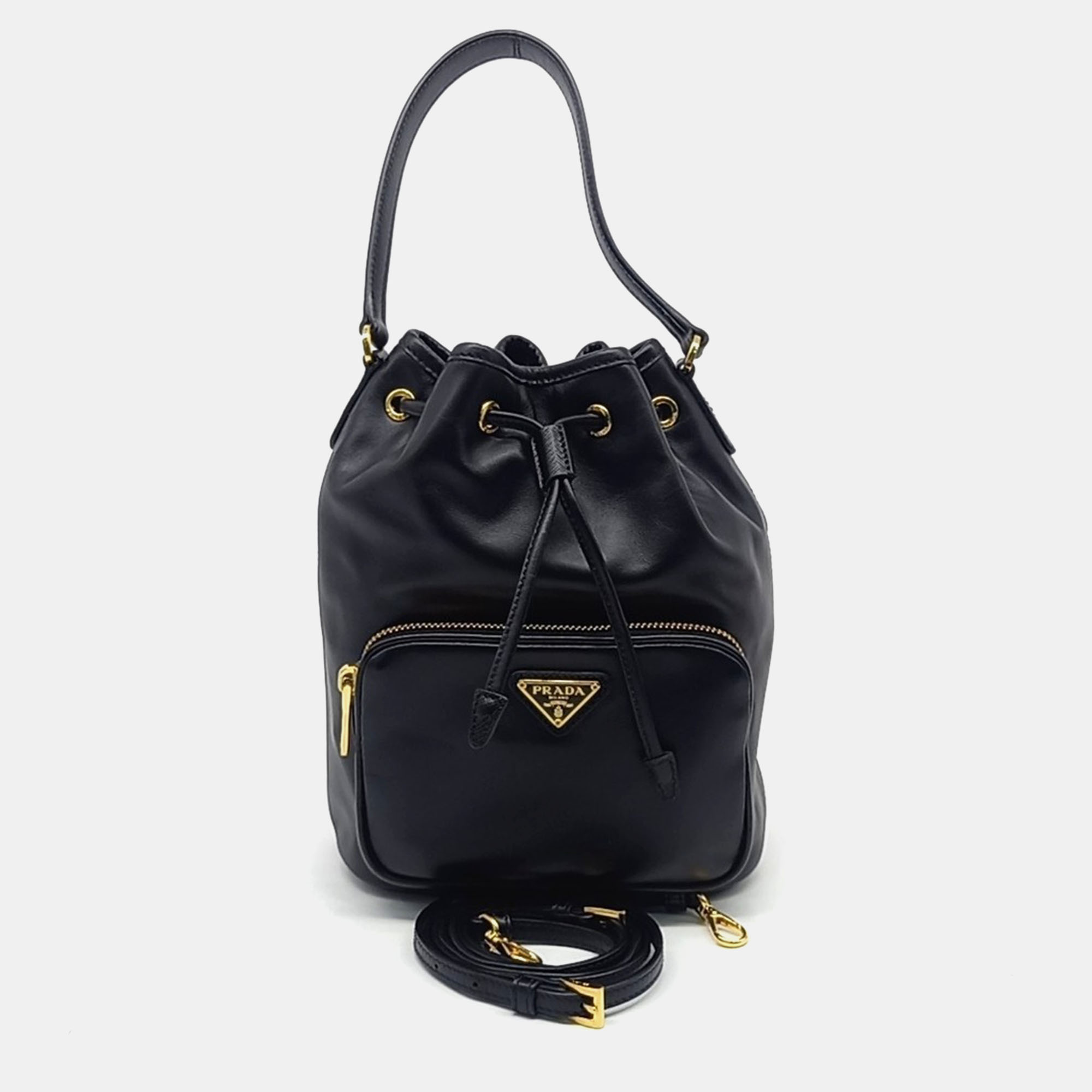 

Prada Black Leather Soft Calf Bucket Tote and Crossbody Bag