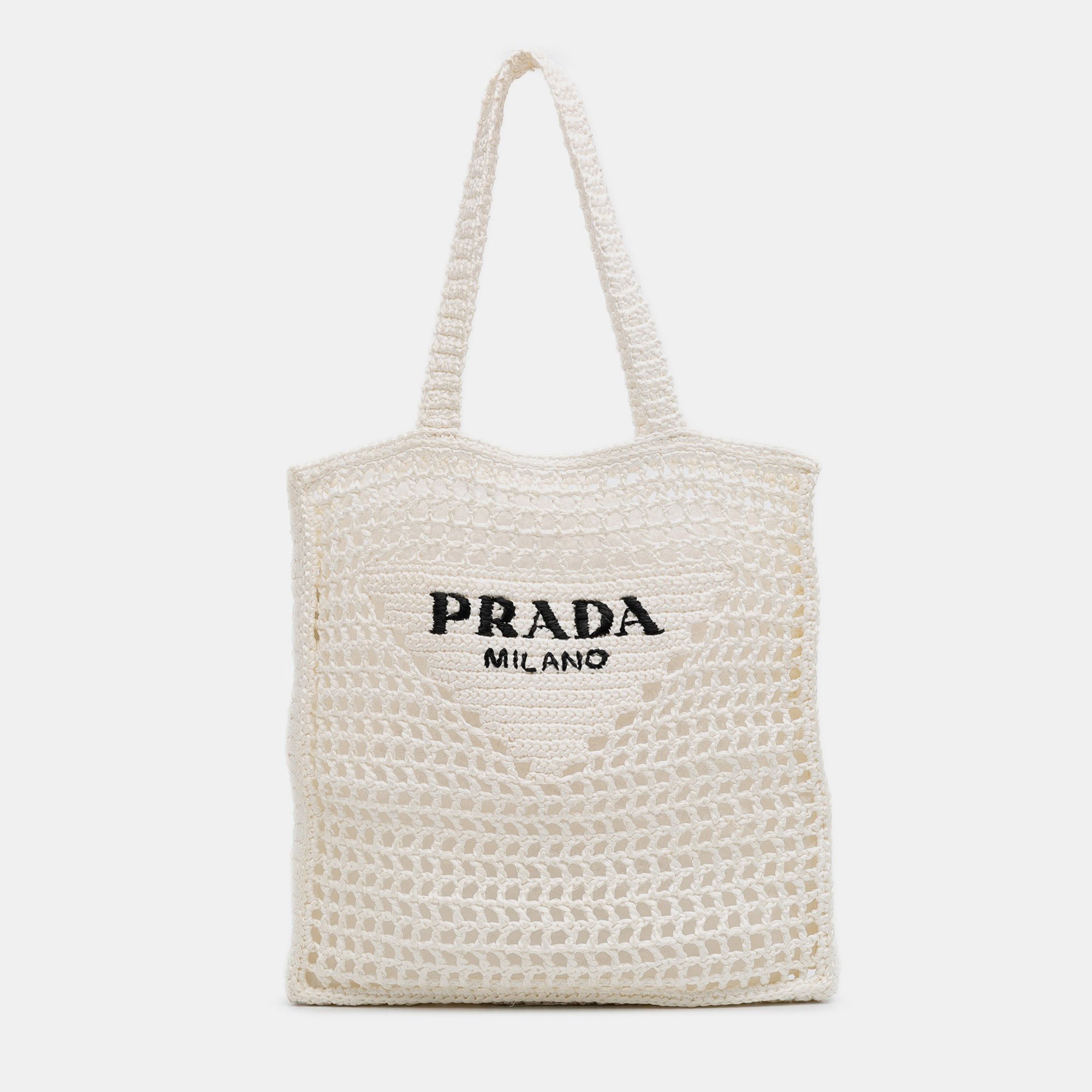 

Prada White Raffia Effect Crochet Logo Embroidered Tote
