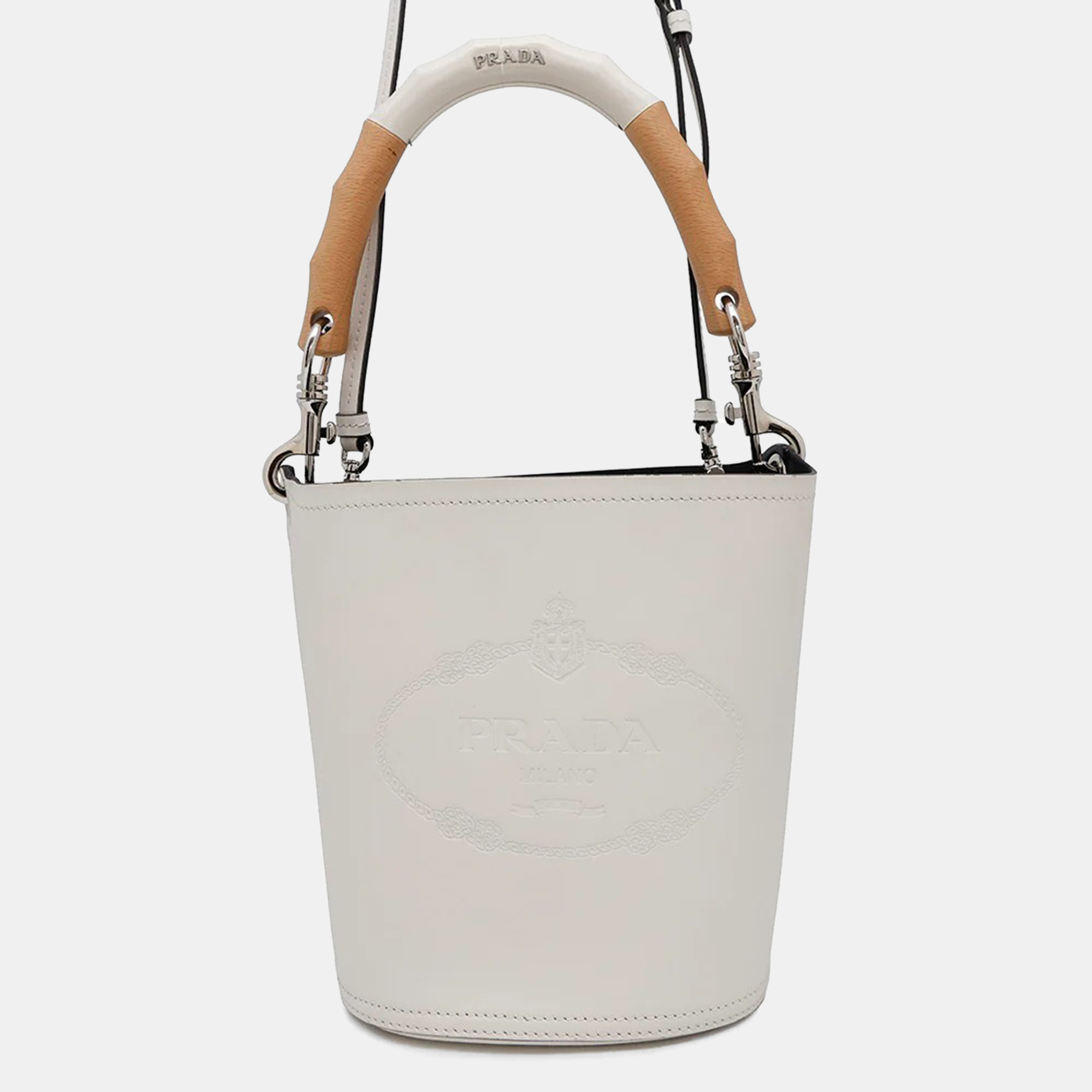 

Prada Tambour White Leather Wood Bucket Bag