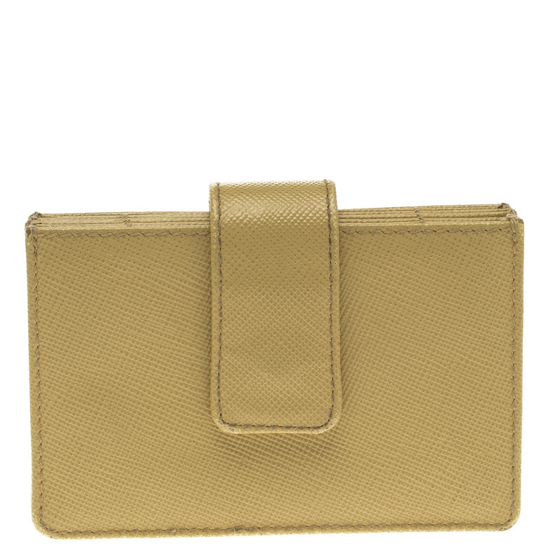 Pre Owned Prada Yellow Saffiano Leather Accordion Card Holder
