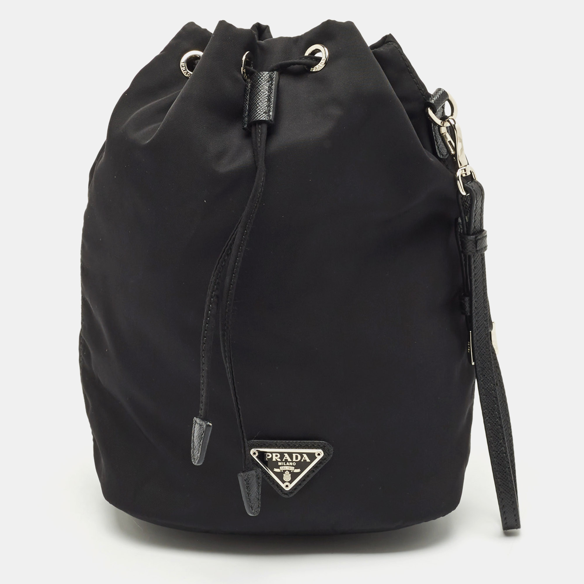 Pre-owned Prada Black Leather And Nylon Drawstring Wristlet Pouch
