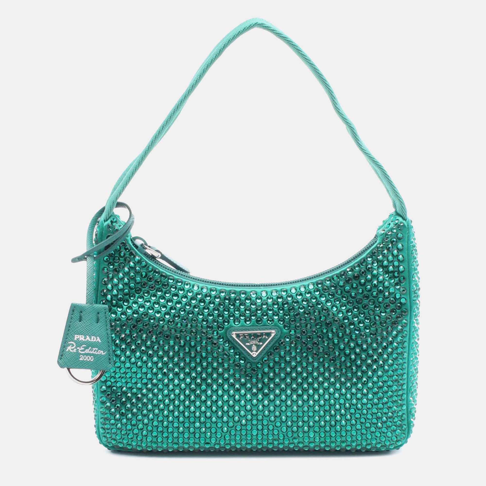 

Prada Green Mini Satin Crystal Re Edition 2000 Shoulder Bag