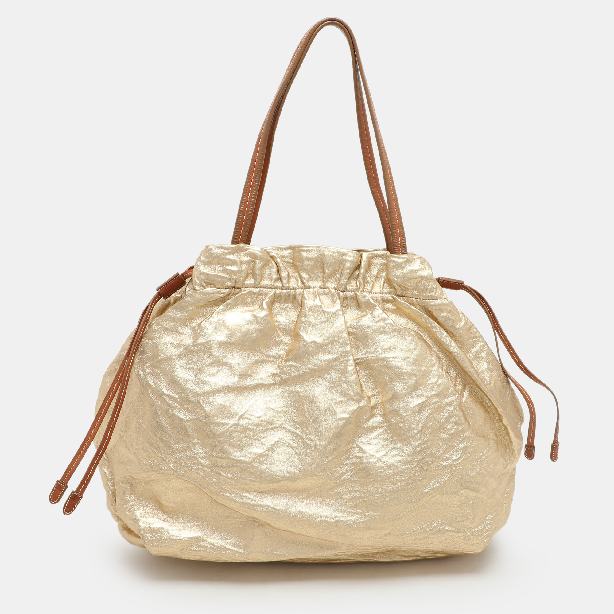 

Prada Gold Metalic Leather Drawstring Tote