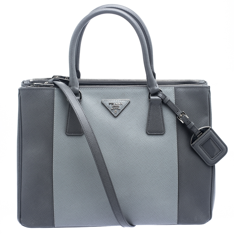 Pre Owned Prada Grey Saffiano Lux Leather Medium Double Zip Tote