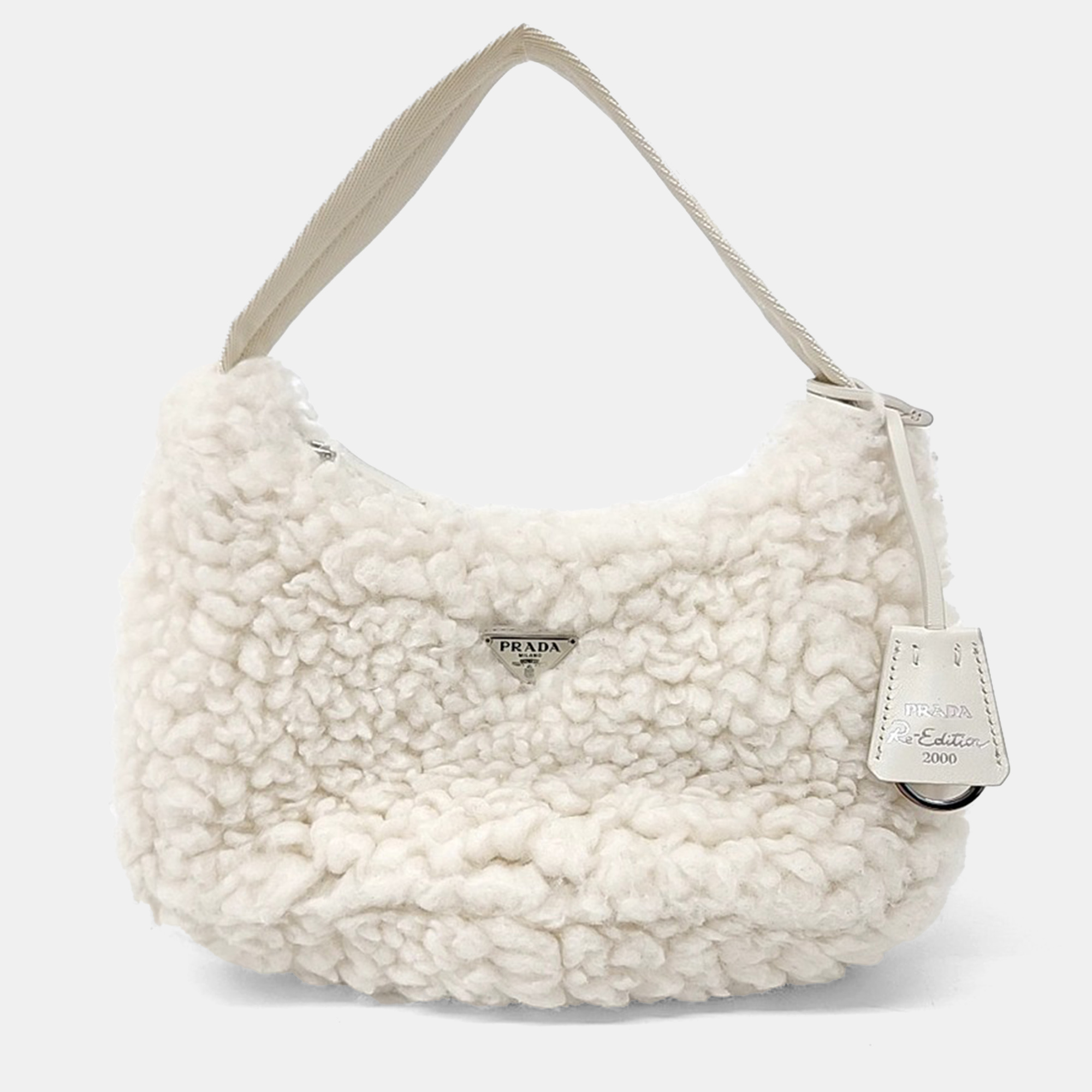 

Prada White Wool Re-edition Terry Hobo Bag